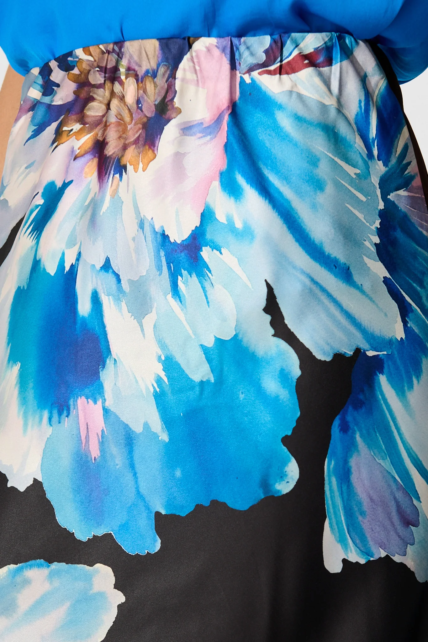 Nightshade Bouquet Maxi Skirt in Black with Blue Floral Satin - Image 5