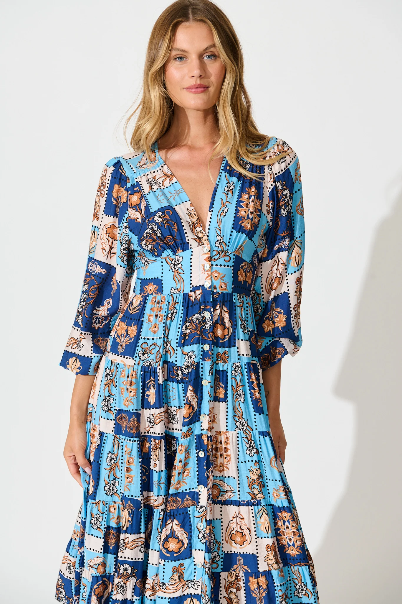 Nimisha Midi Dress in Blue with Brown Patchwork Print - Image 2