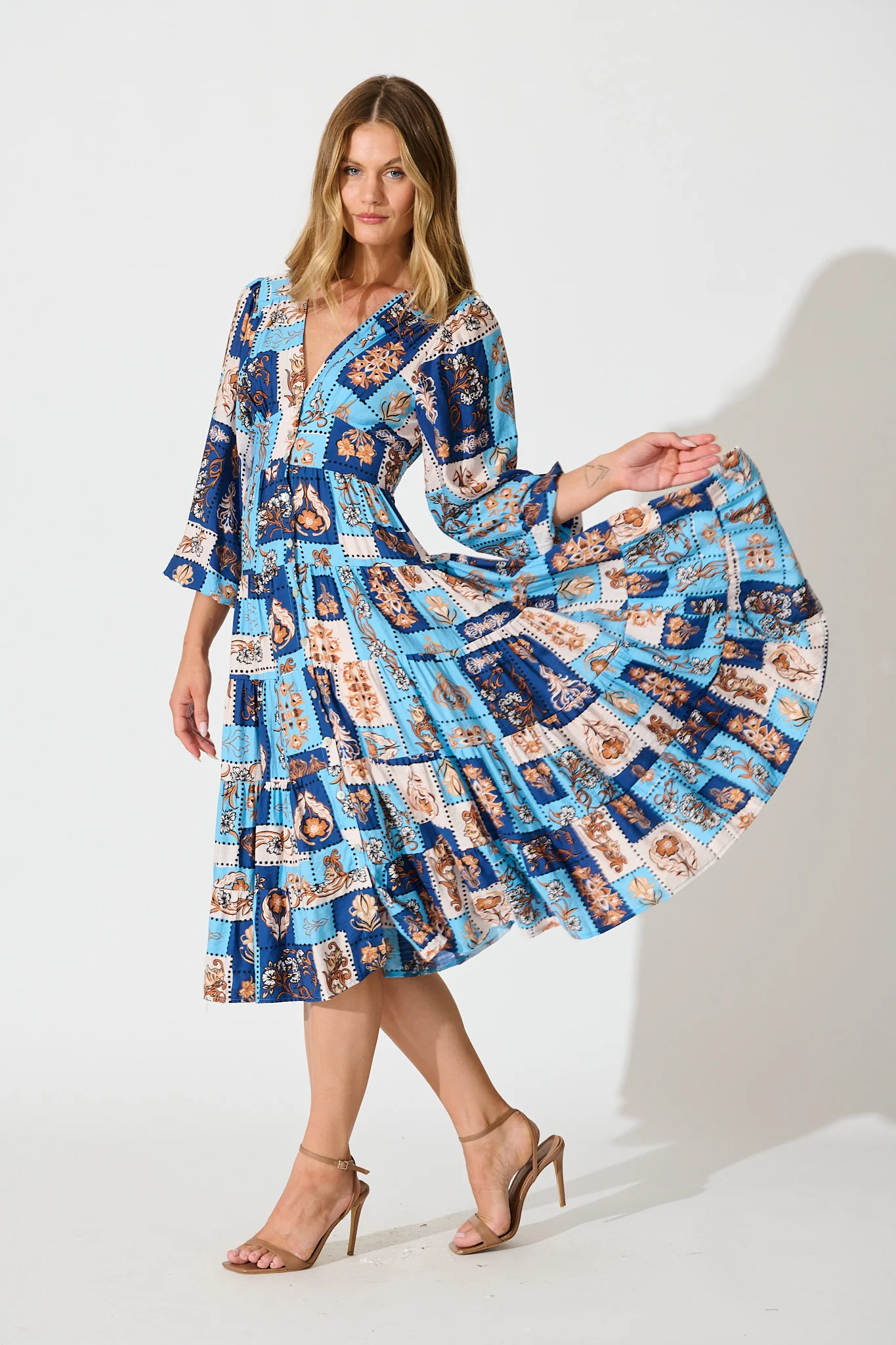 Nimisha Midi Dress in Blue with Brown Patchwork Print - Image 3