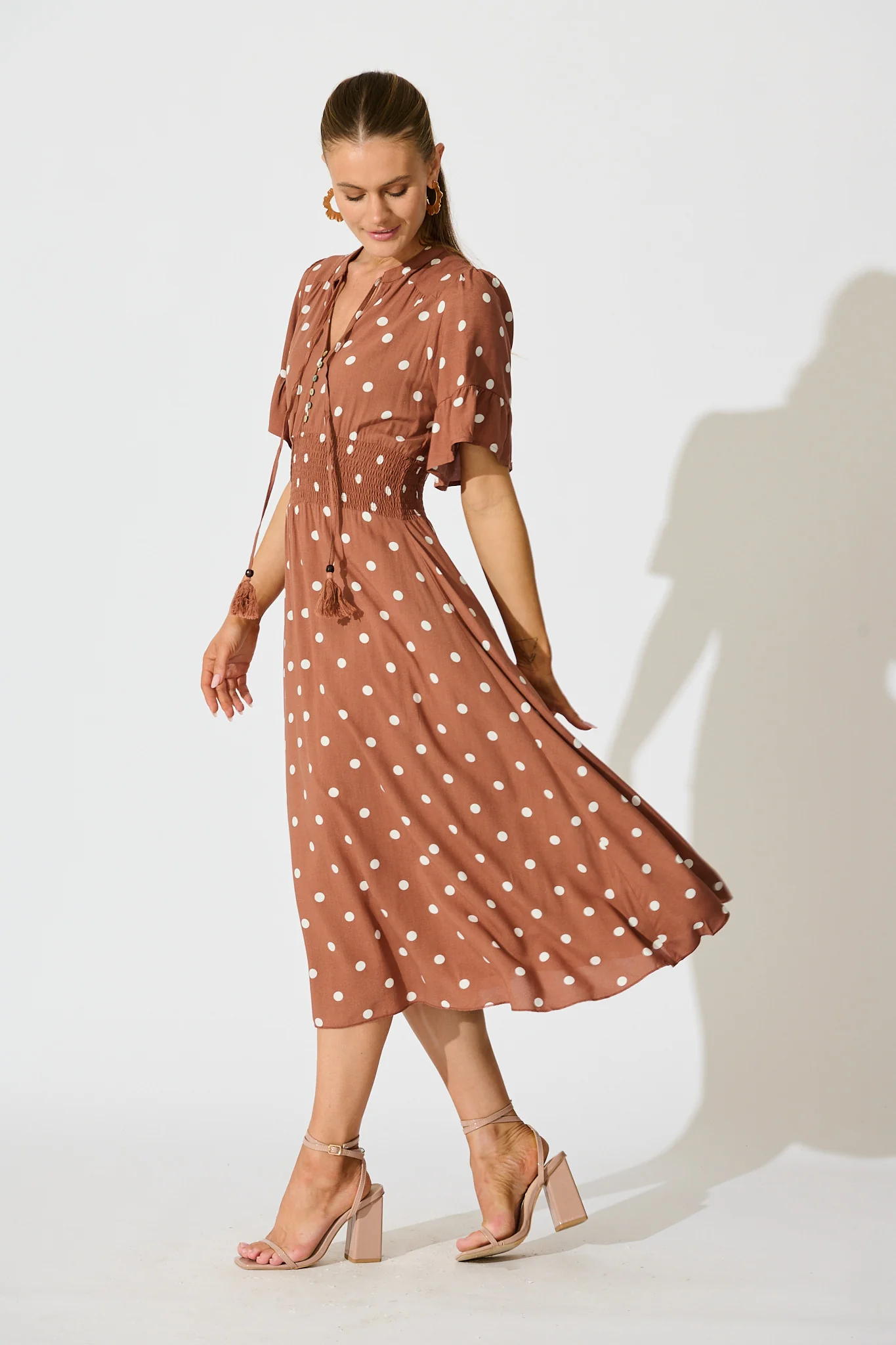 Noree Midi Dress in Brown with White Polka Dot - Image 3