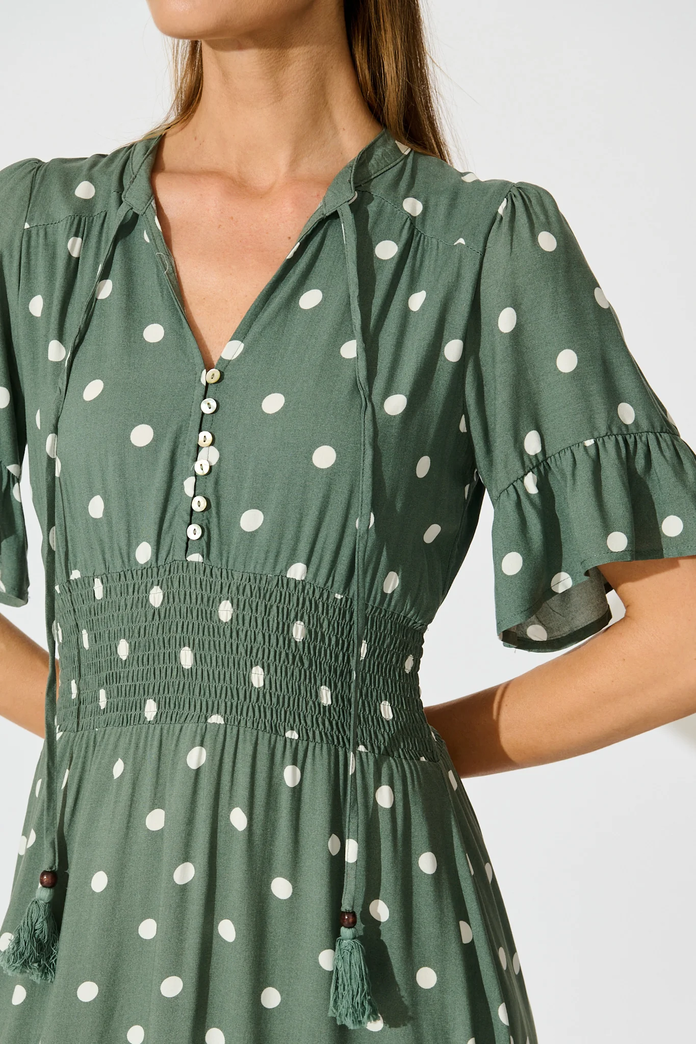 Noree Midi Dress in Khaki with White Polka Dot - Image 5