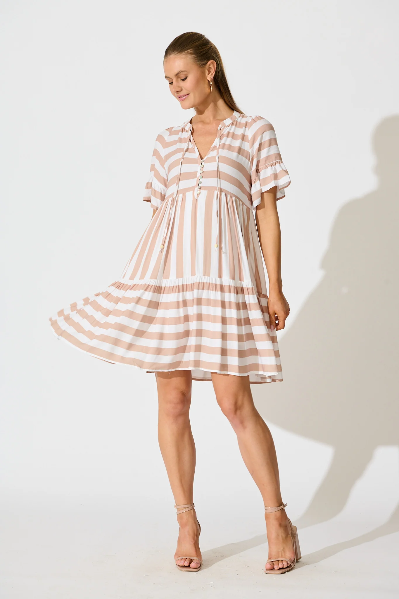 Northcote Smock Dress in in Brown with White Stripe - Image 2
