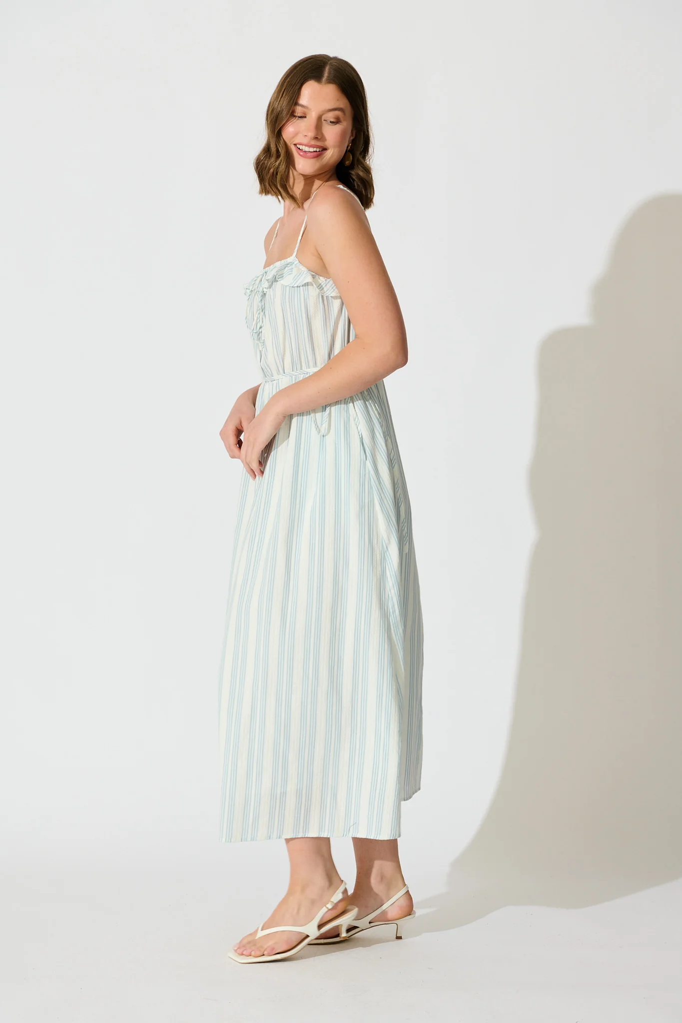 Nya Midi Sundress in White with Light Blue Stripe Cotton Blend - Image 3