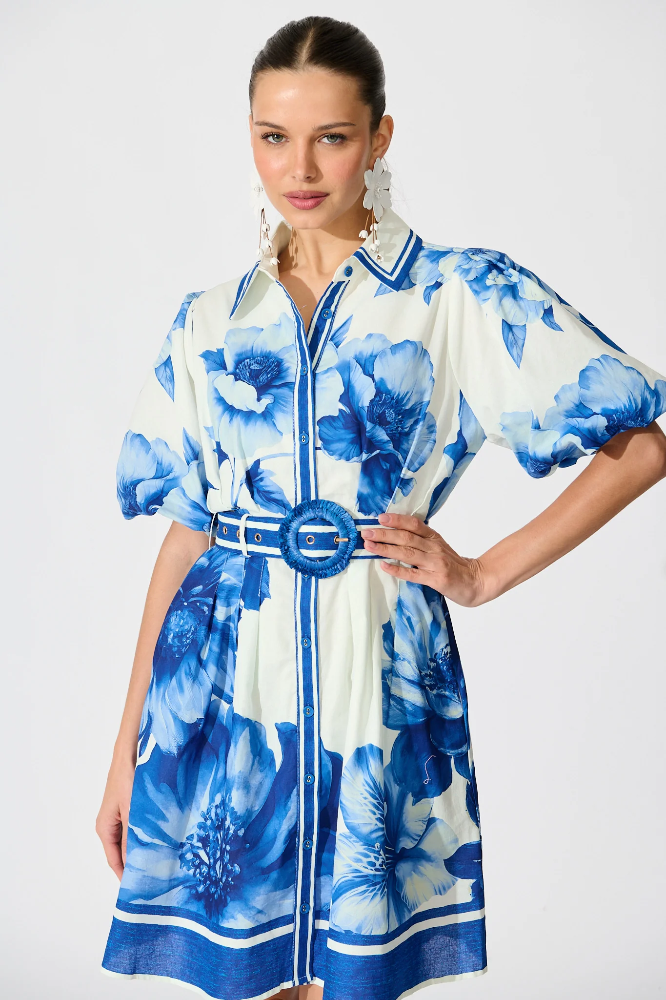 Nylen Shirt Dress in Blue Floral Border Print Cotton - Image 2