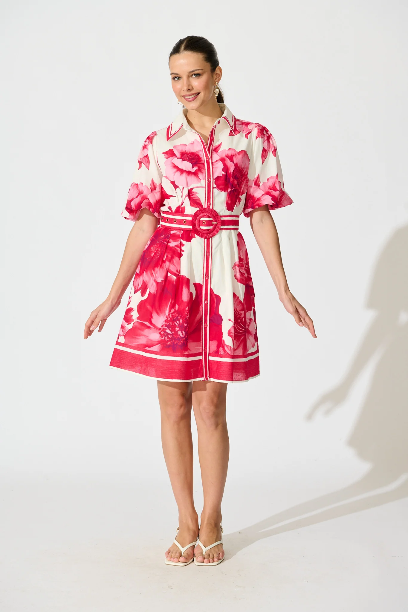 Nylen Shirt Dress In Pink Floral Border Print Cotton