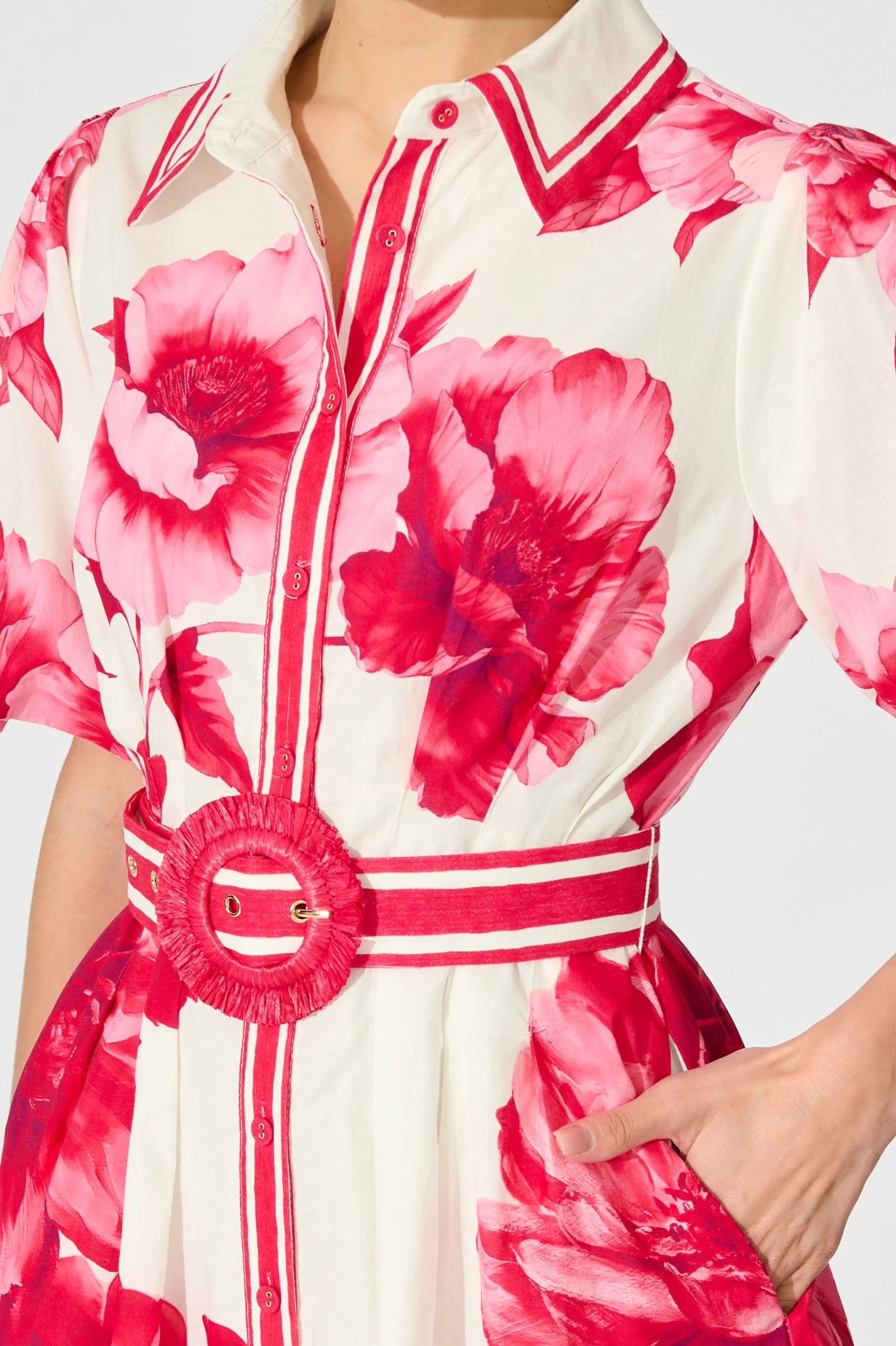 Nylen Shirt Dress In Pink Floral Border Print Cotton - Image 5