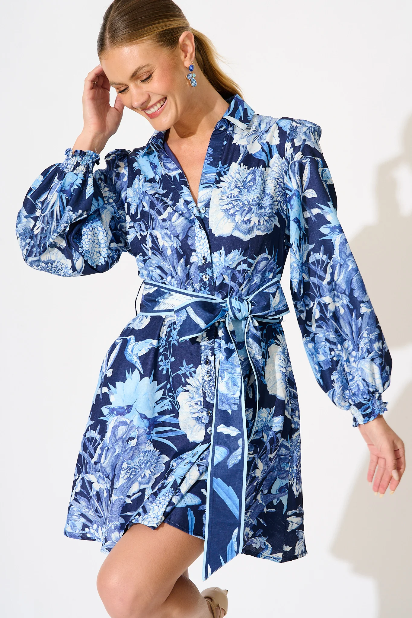 Ocean Serenade Shirt Dress in Navy with Blue Floral Linen Blend - Image 6