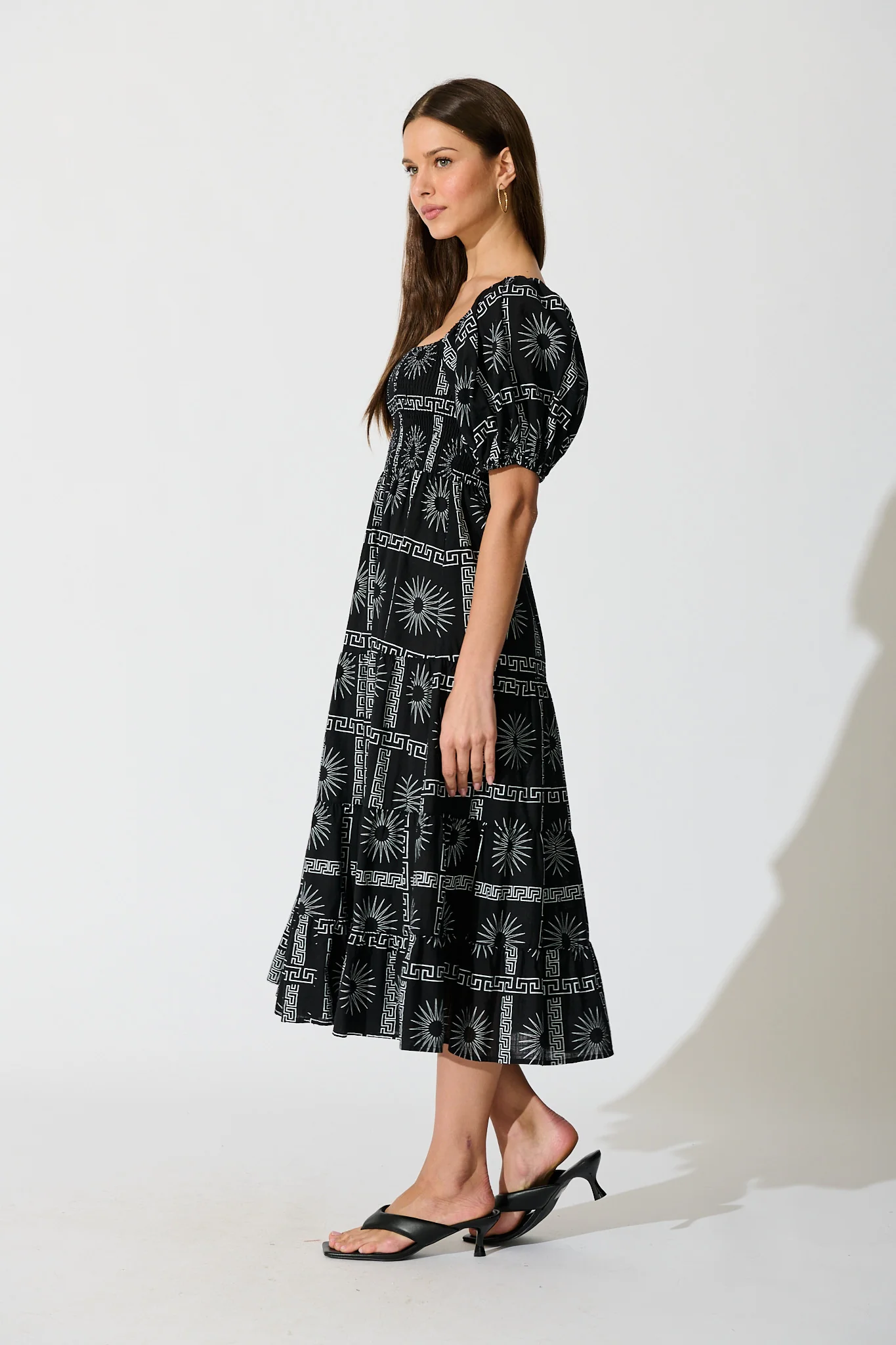 Oden Midi Dress in Black Tile Print Cotton - Image 3
