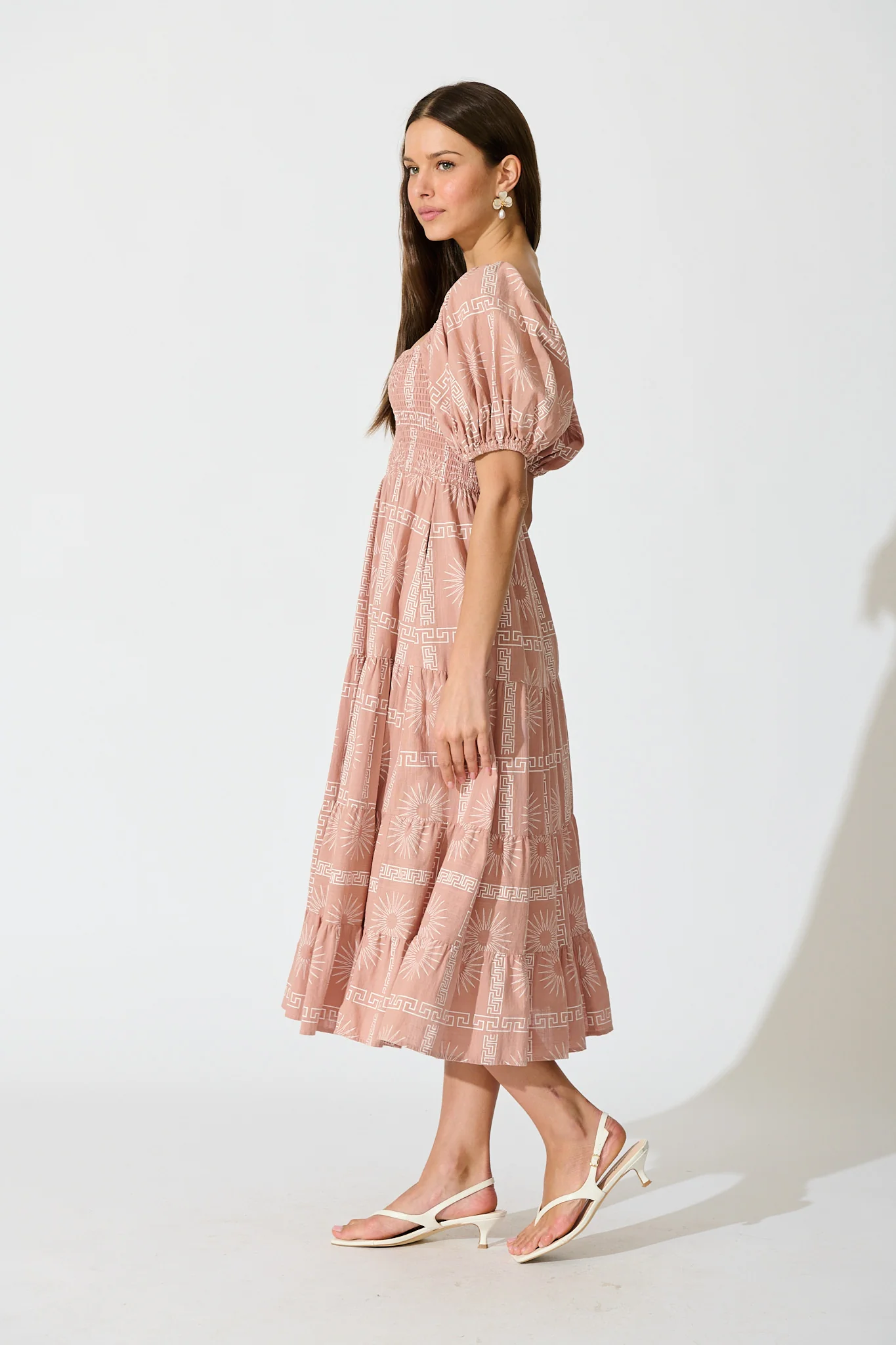 Oden Midi Dress in Dusty Pink Tile Print Cotton - Image 3