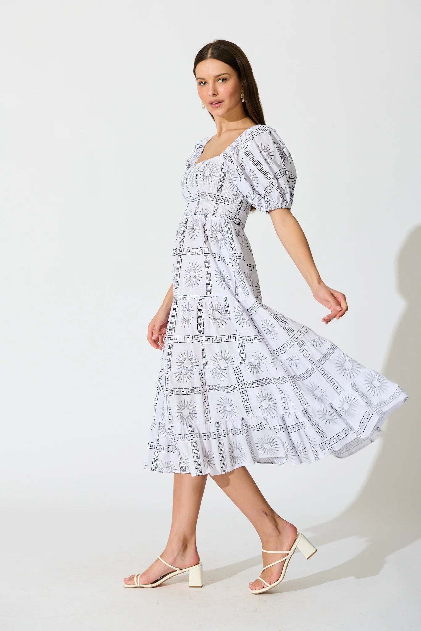 Oden Midi Dress in White Tile Print Cotton - Image 3