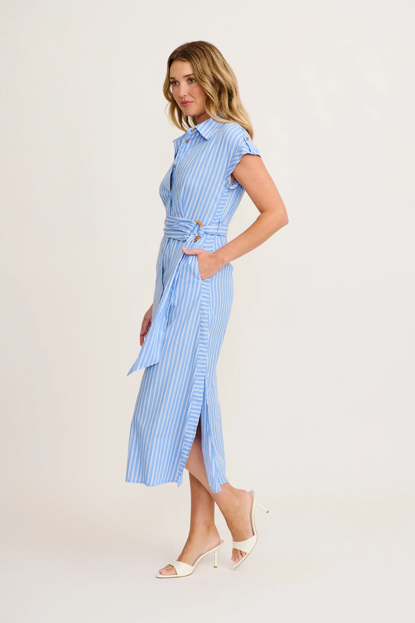 Olvera Midi Shirt Dress in Blue with White Stripe Cotton - Image 3