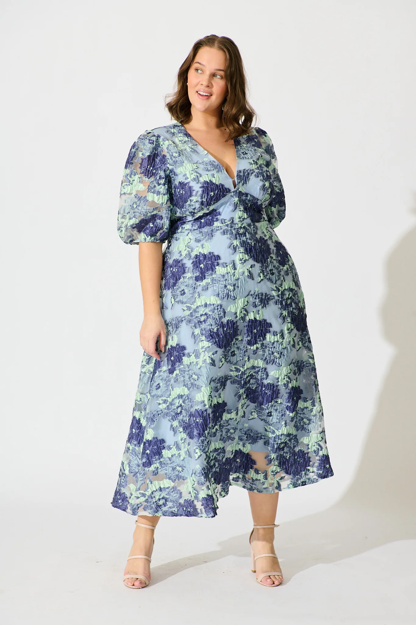 Opulence Midi Dress In Blue Floral Organza Jacquard - Image 11
