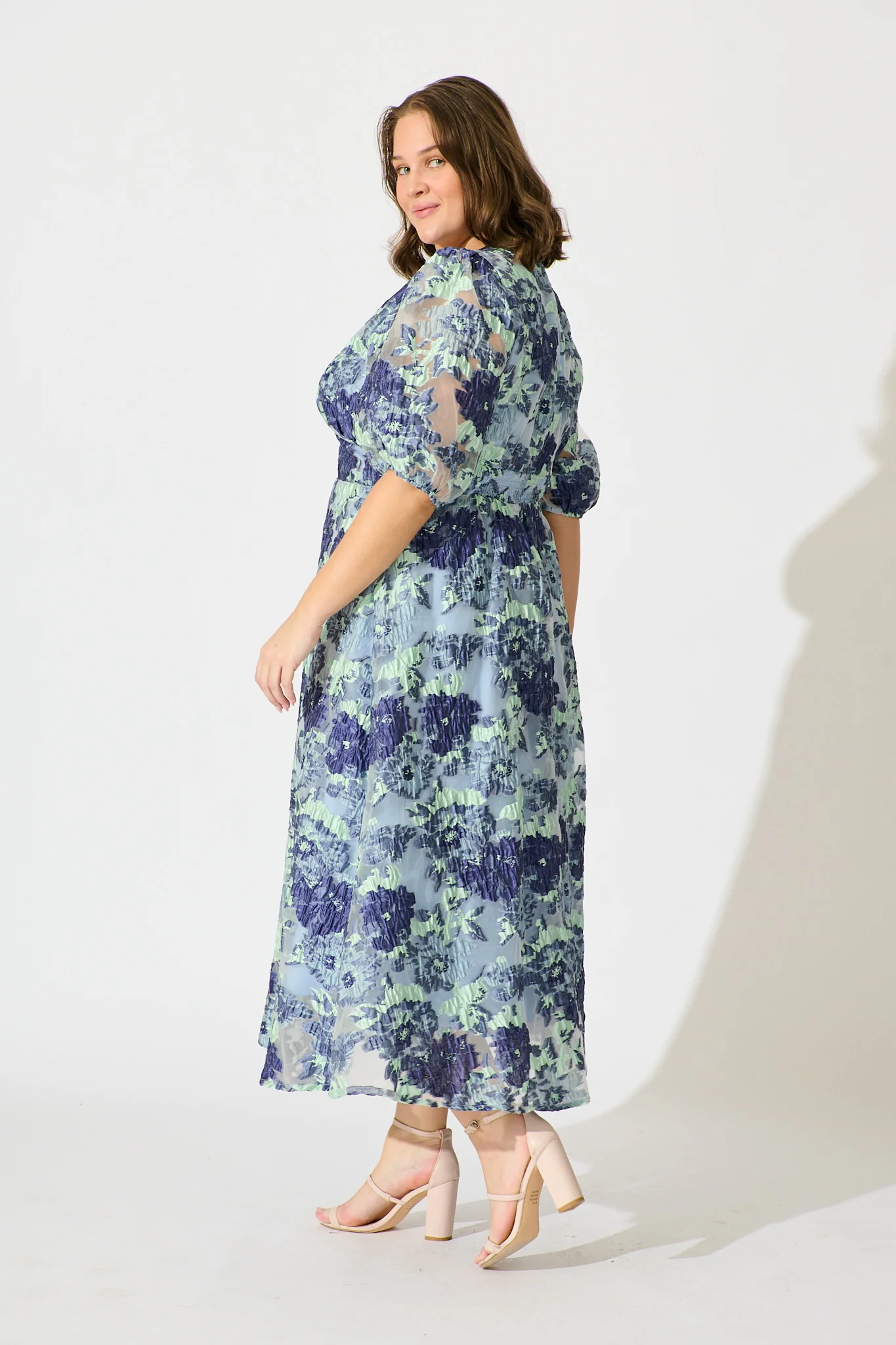 Opulence Midi Dress In Blue Floral Organza Jacquard - Image 13