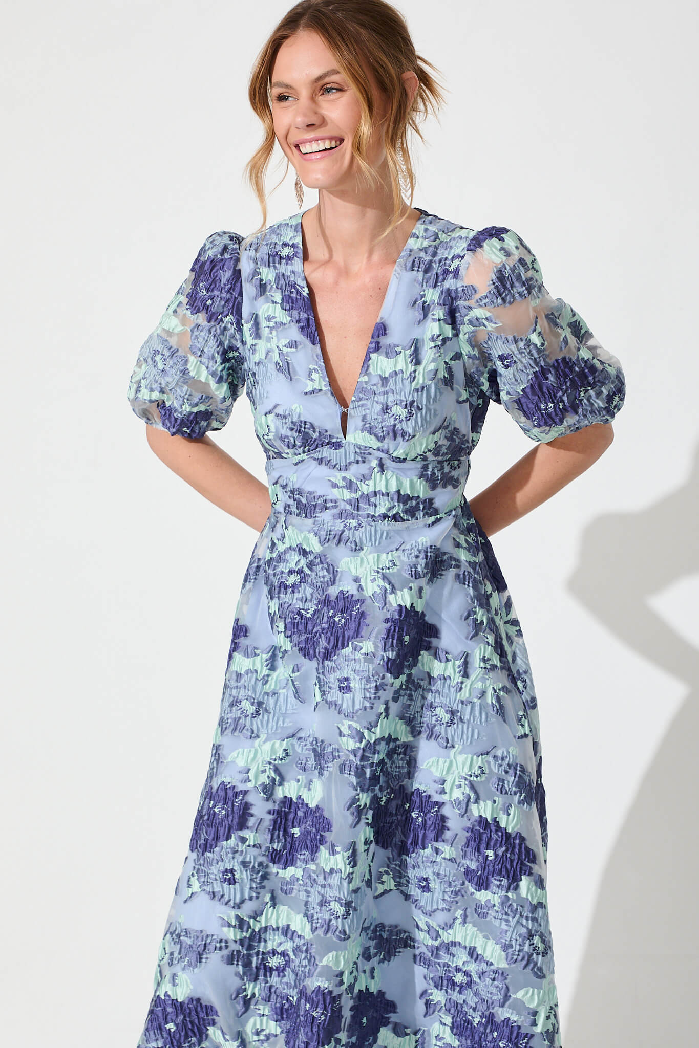 Opulence Midi Dress In Blue Floral Organza Jacquard - Image 7