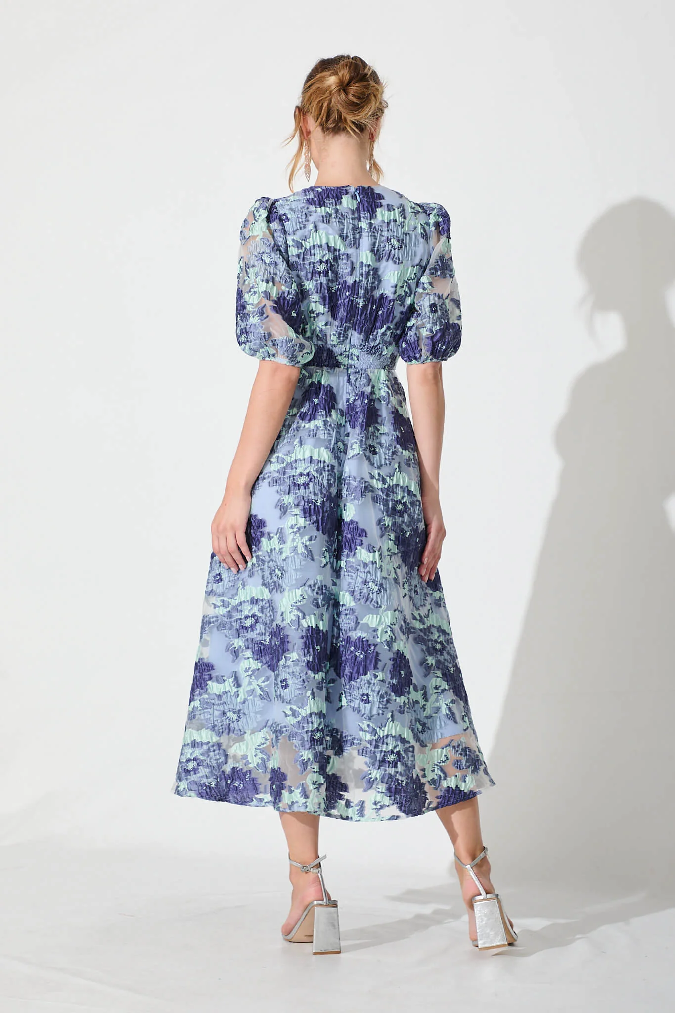 Opulence Midi Dress In Blue Floral Organza Jacquard - Image 9