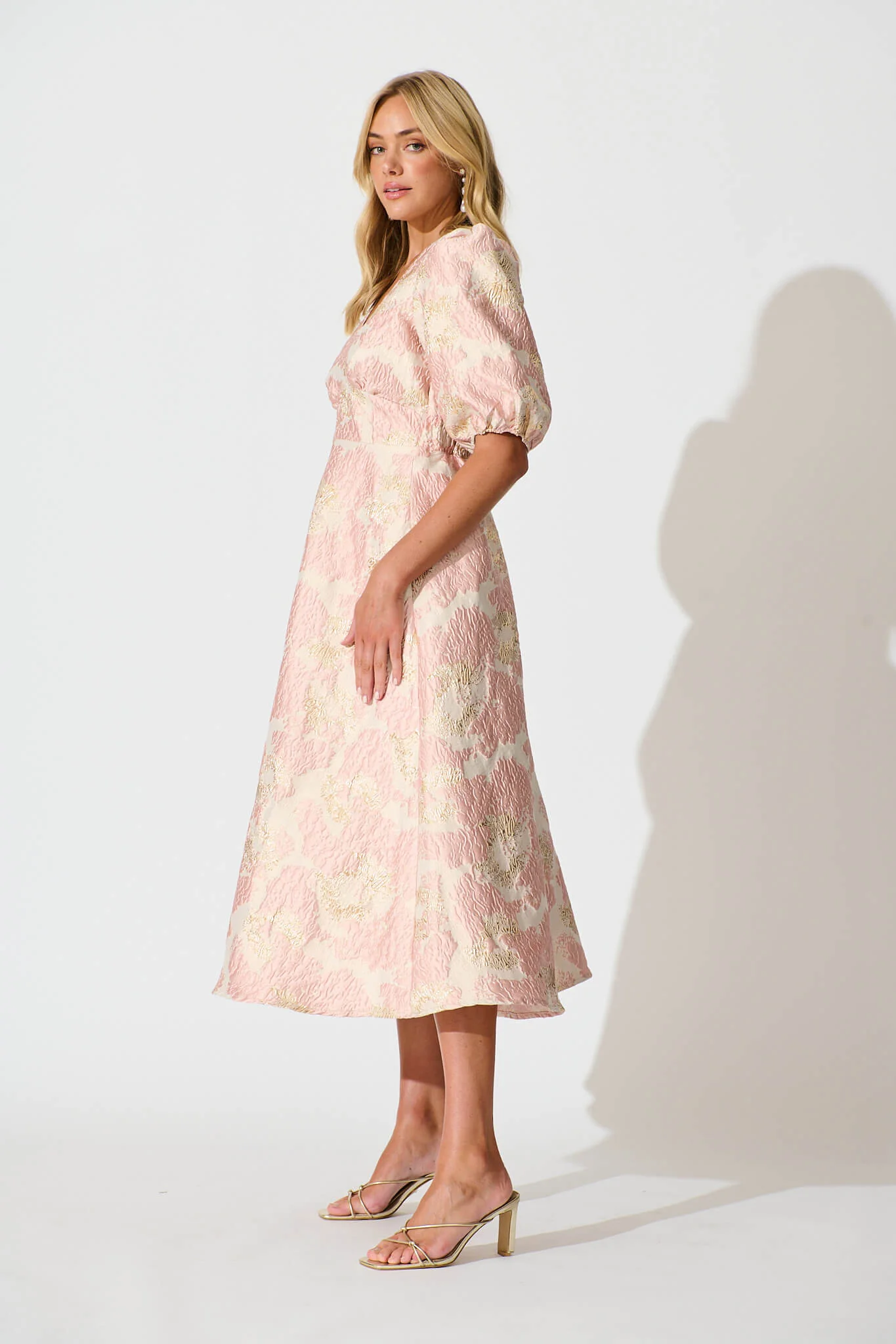 Opulence Midi Dress in Blush with Gold Jacquard - Image 3
