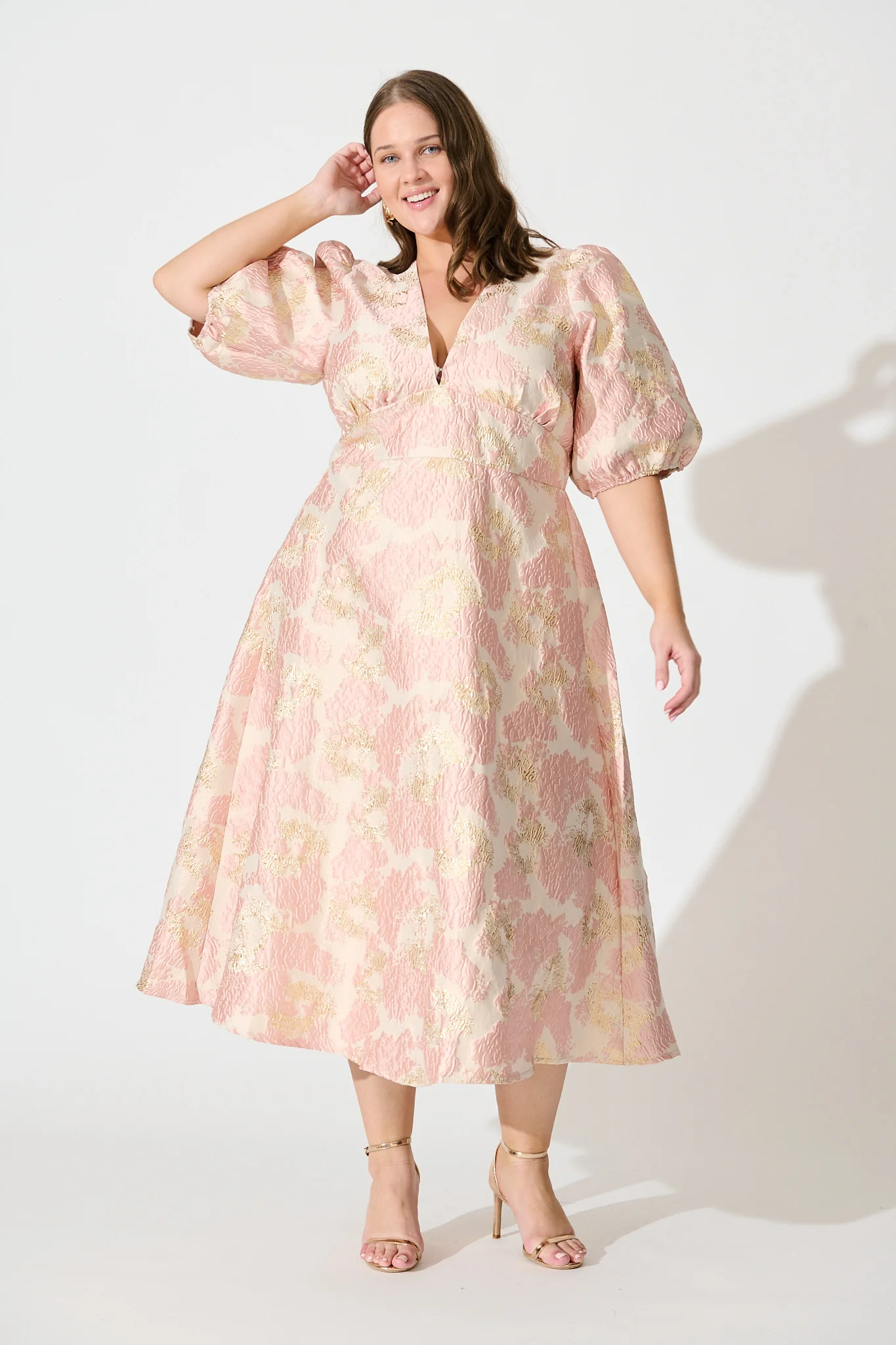 Opulence Midi Dress in Blush with Gold Jacquard - Image 7