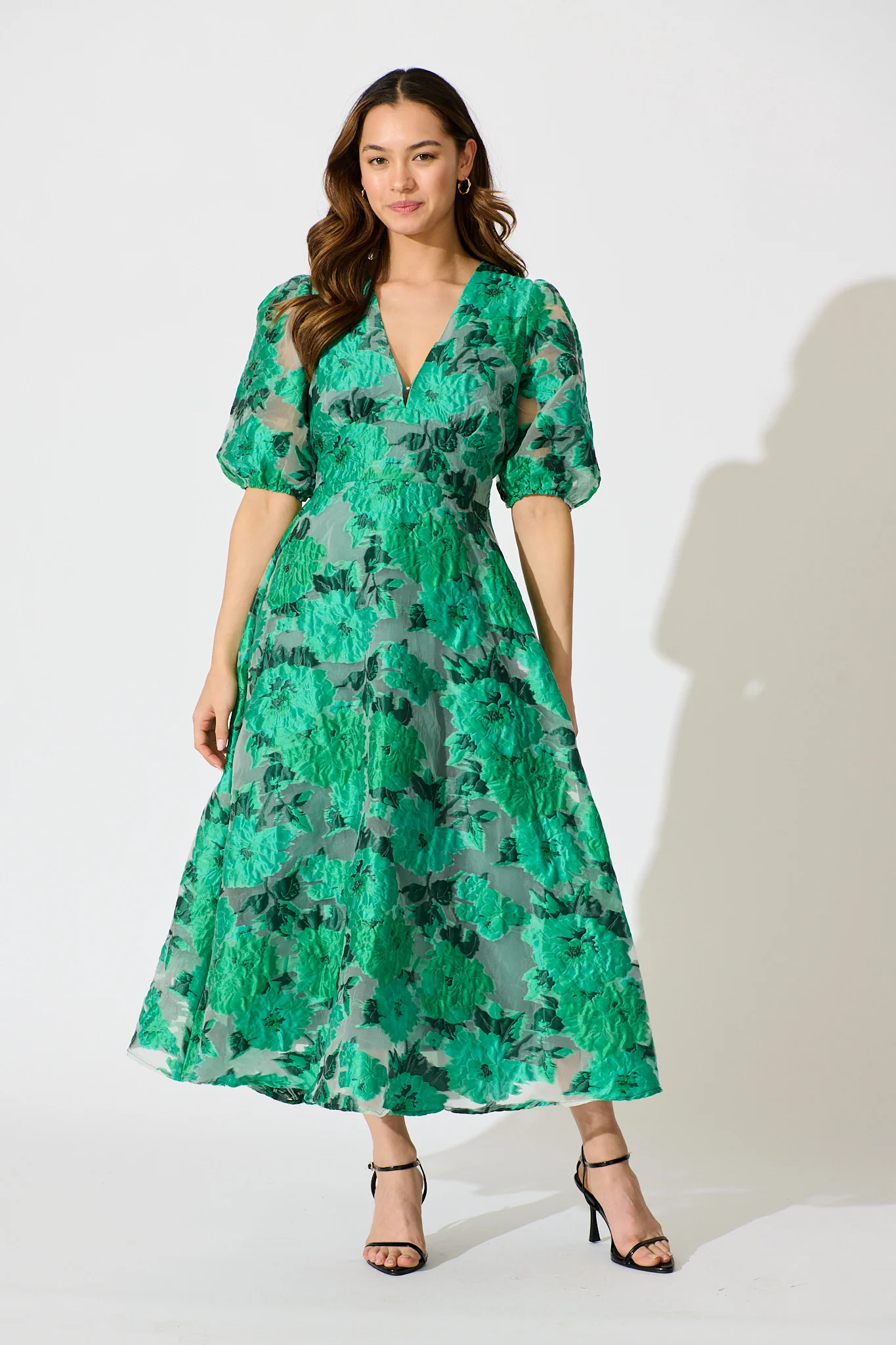 Opulence Midi Dress In Jade Green Organza Jacquard - Image 3