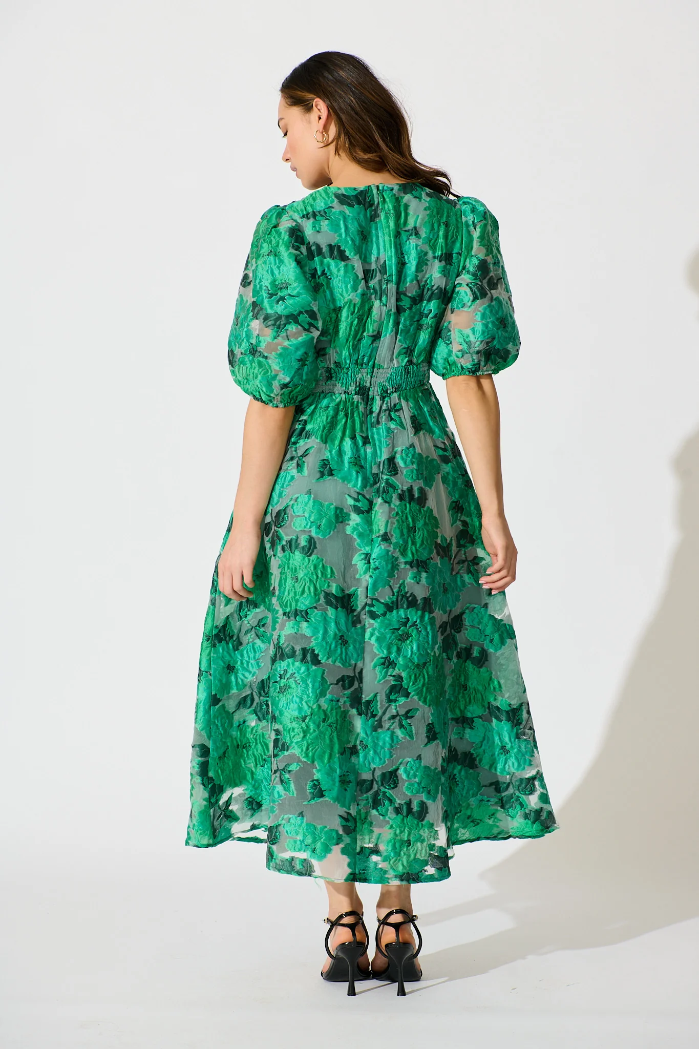 Opulence Midi Dress In Jade Green Organza Jacquard - Image 8