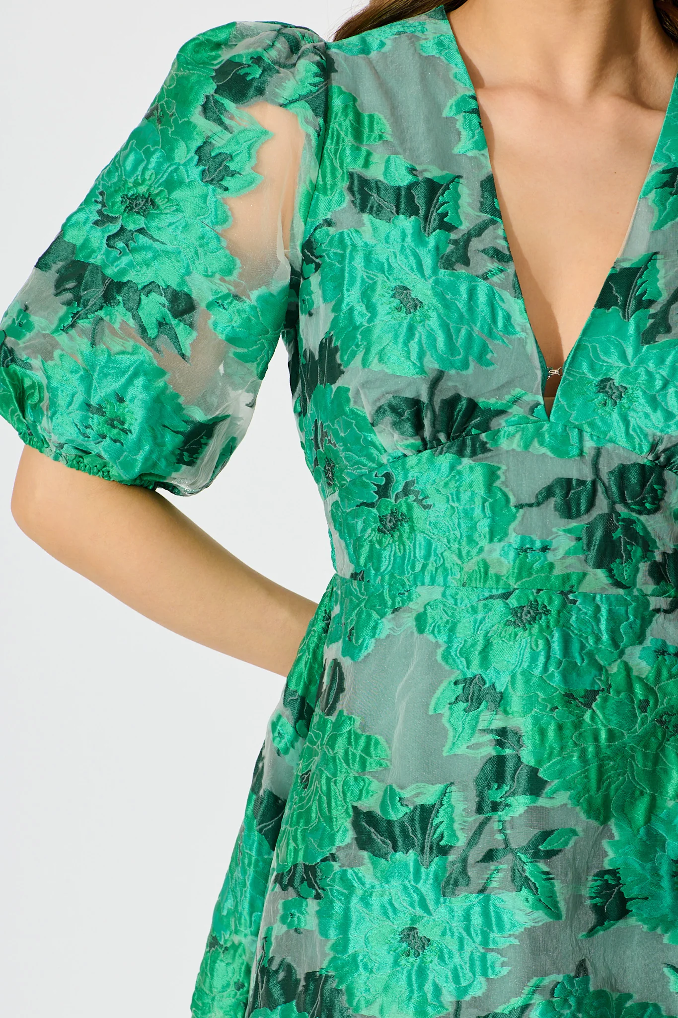 Opulence Midi Dress In Jade Green Organza Jacquard - Image 9