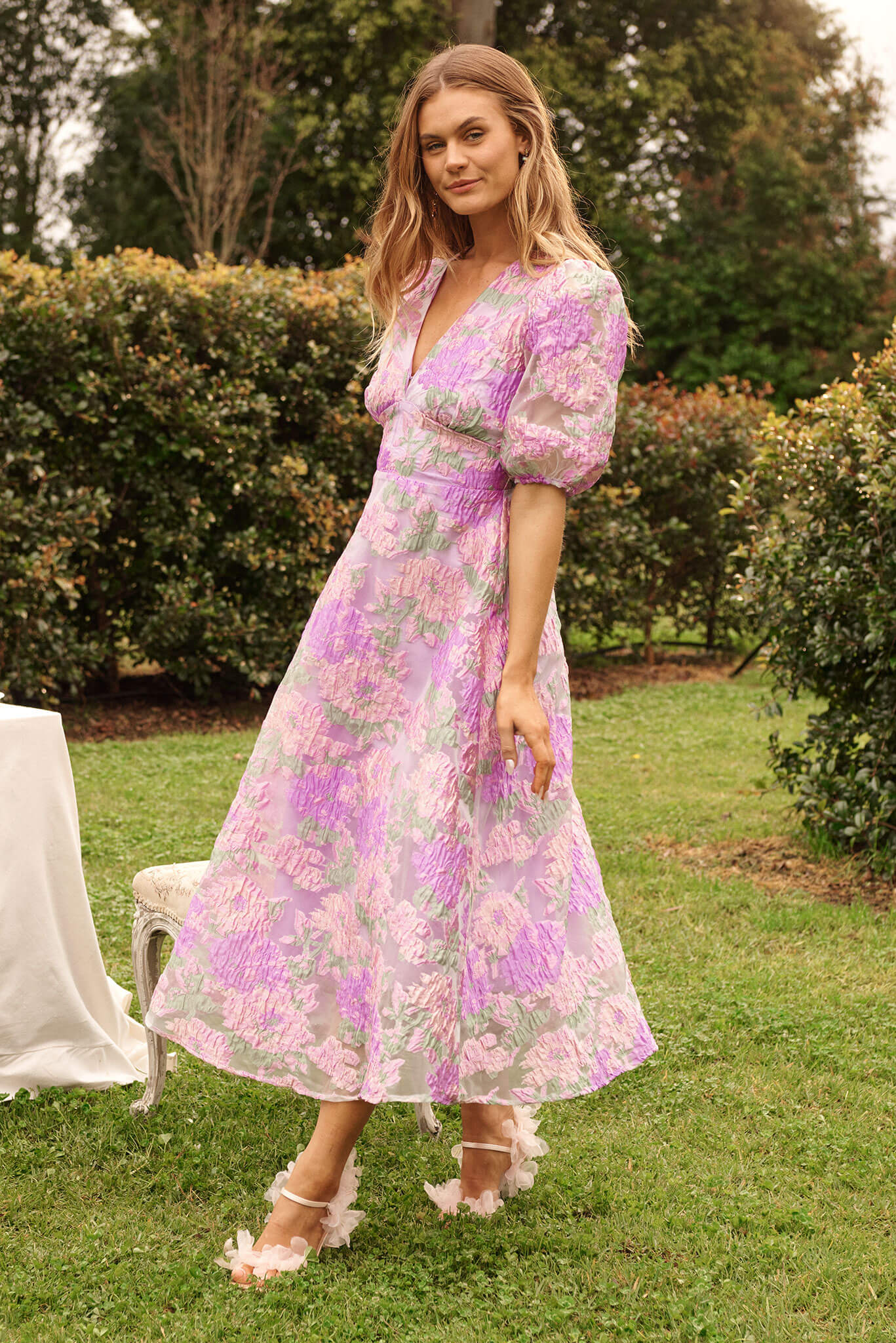 Opulence Midi Dress In Lilac Floral Organza Jacquard - Image 5