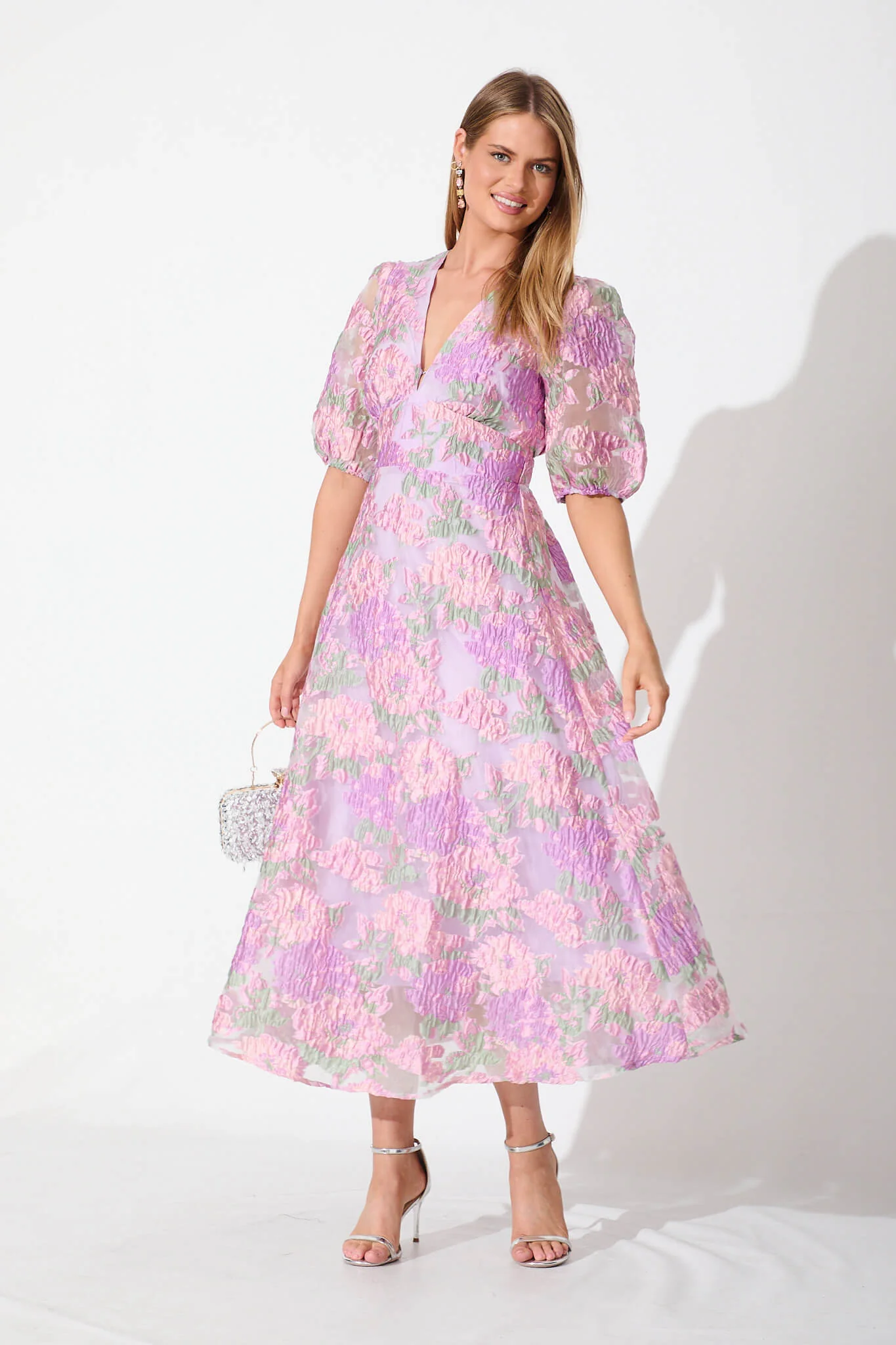 Opulence Midi Dress In Lilac Floral Organza Jacquard - Image 8