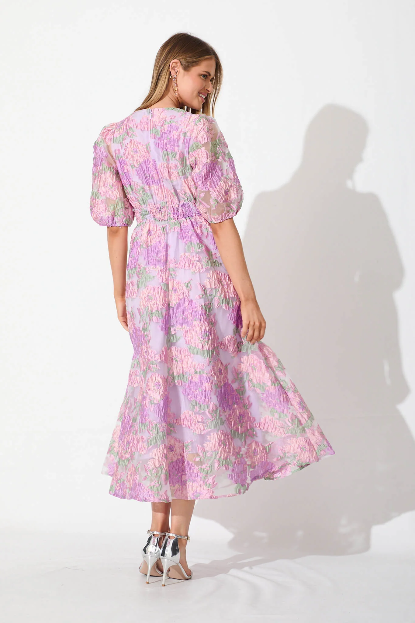 Opulence Midi Dress In Lilac Floral Organza Jacquard - Image 9