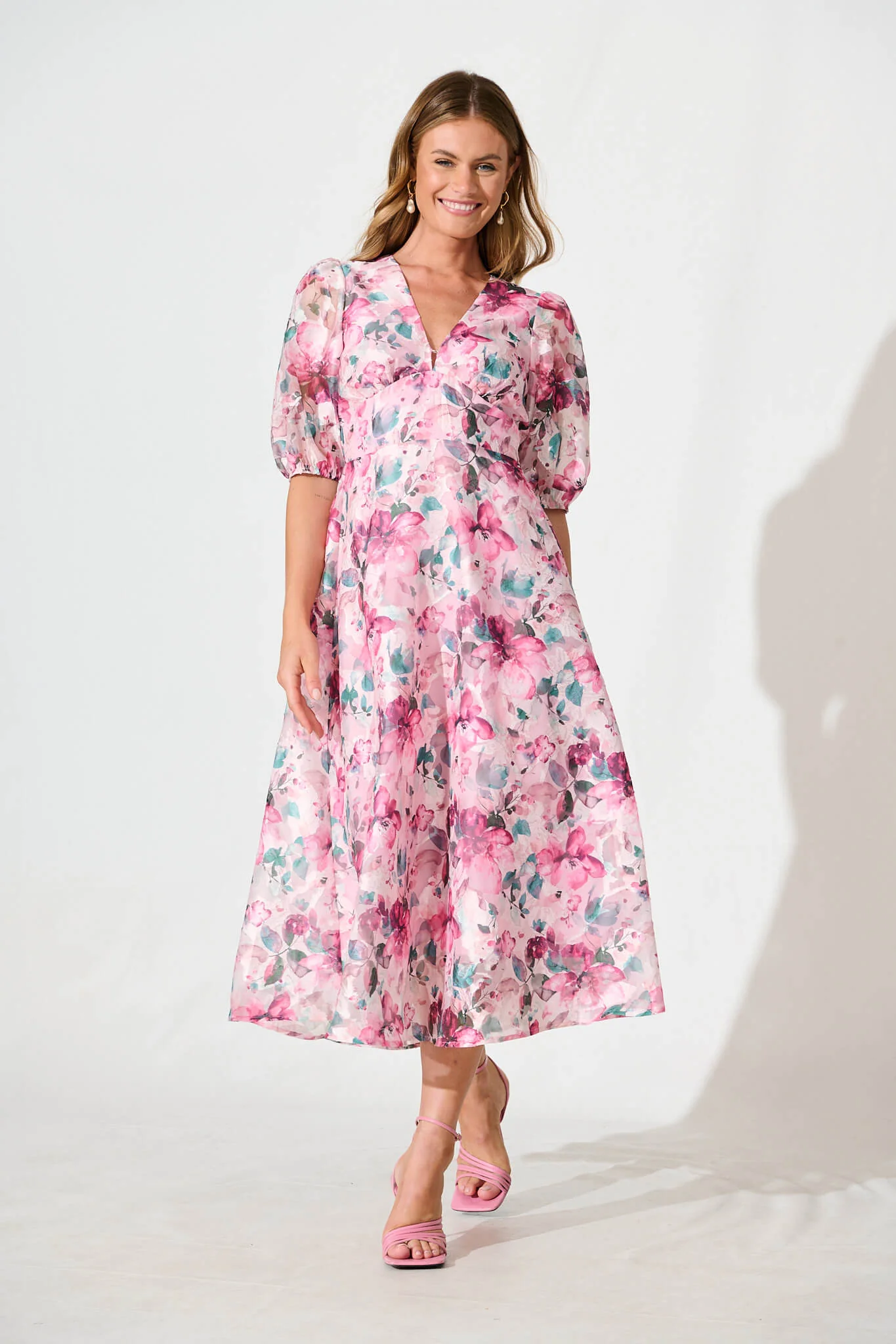 Opulence Midi Dress in Multi Pink Floral Organza - Image 2