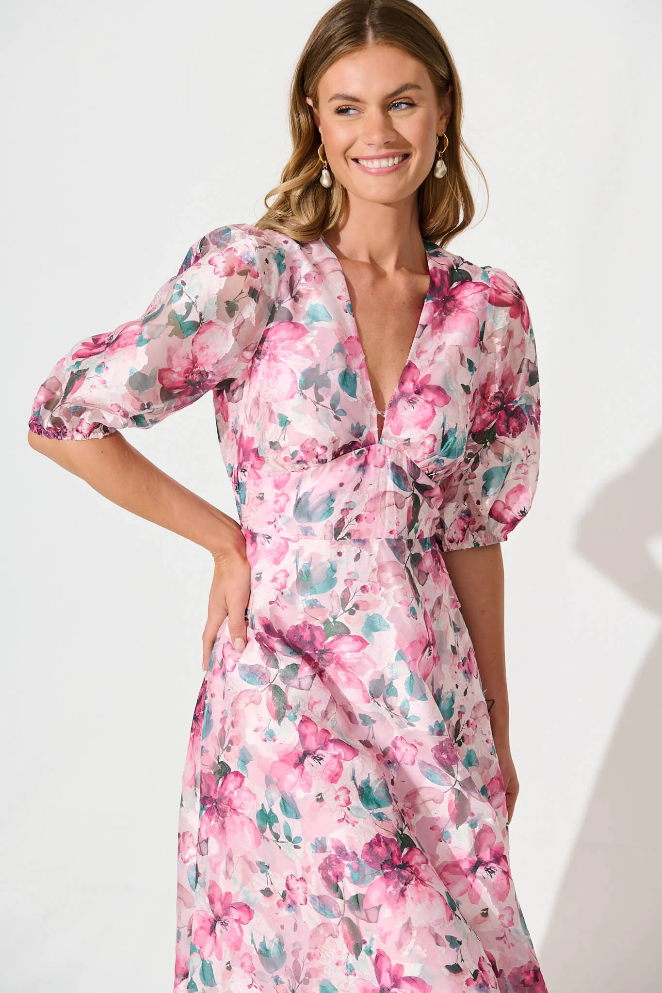 Opulence Midi Dress in Multi Pink Floral Organza - Image 6