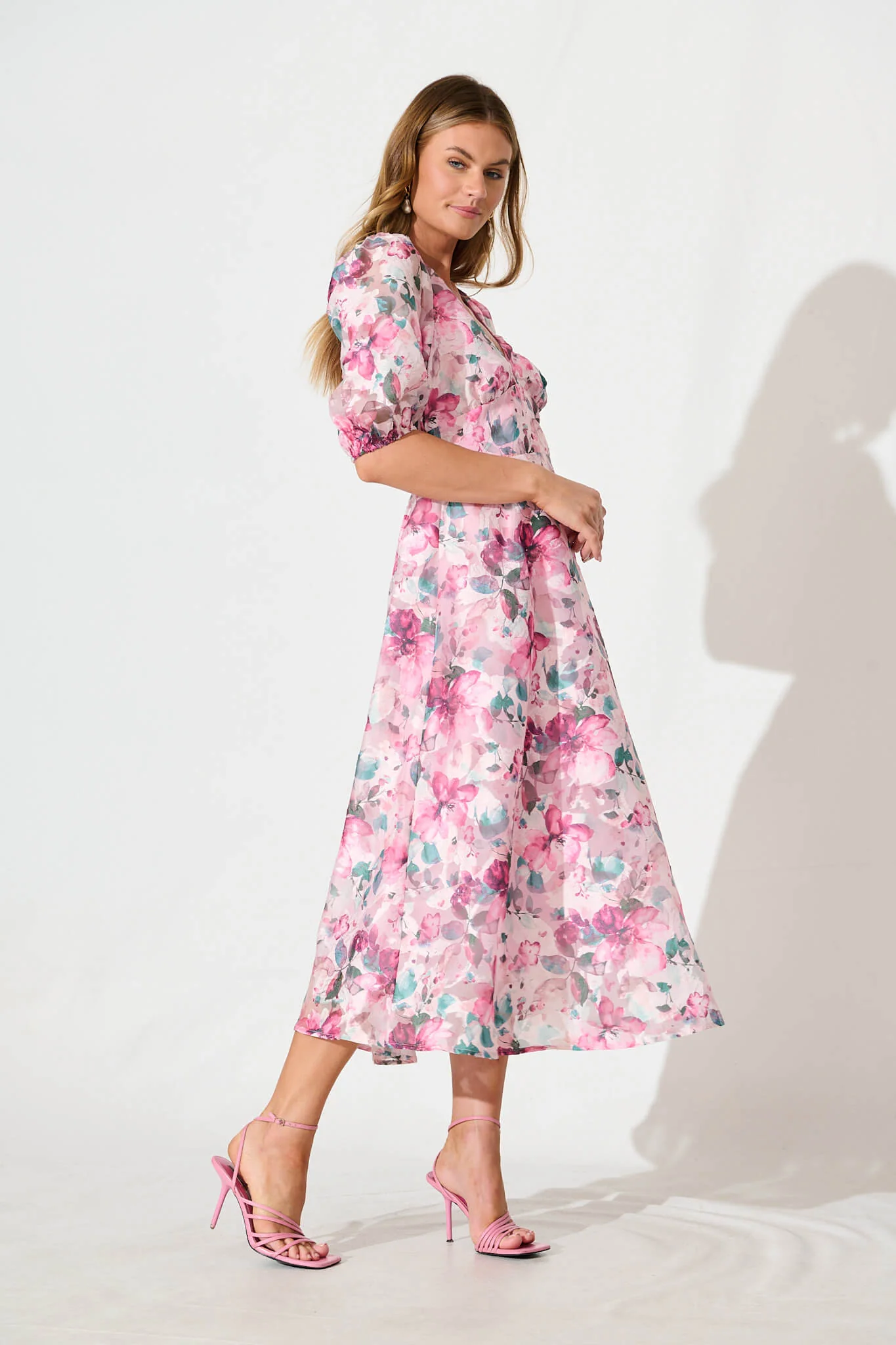 Opulence Midi Dress in Multi Pink Floral Organza - Image 7