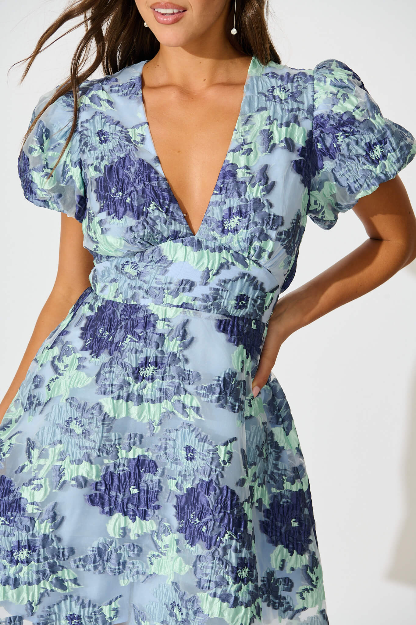 Opulent Dress in Blue Floral Organza Jacquard - Image 5