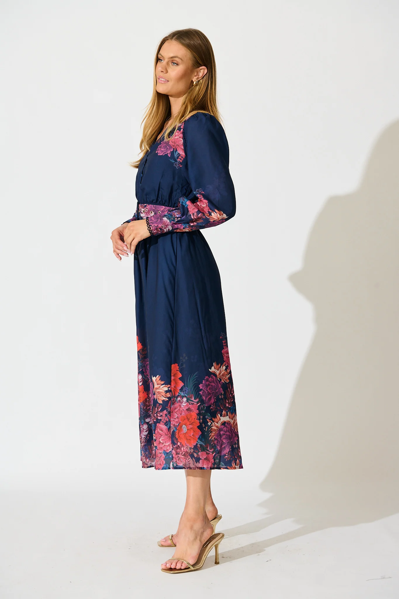 Orchid Trace Midi Dress in Navy Floral Cotton Blend - Image 3