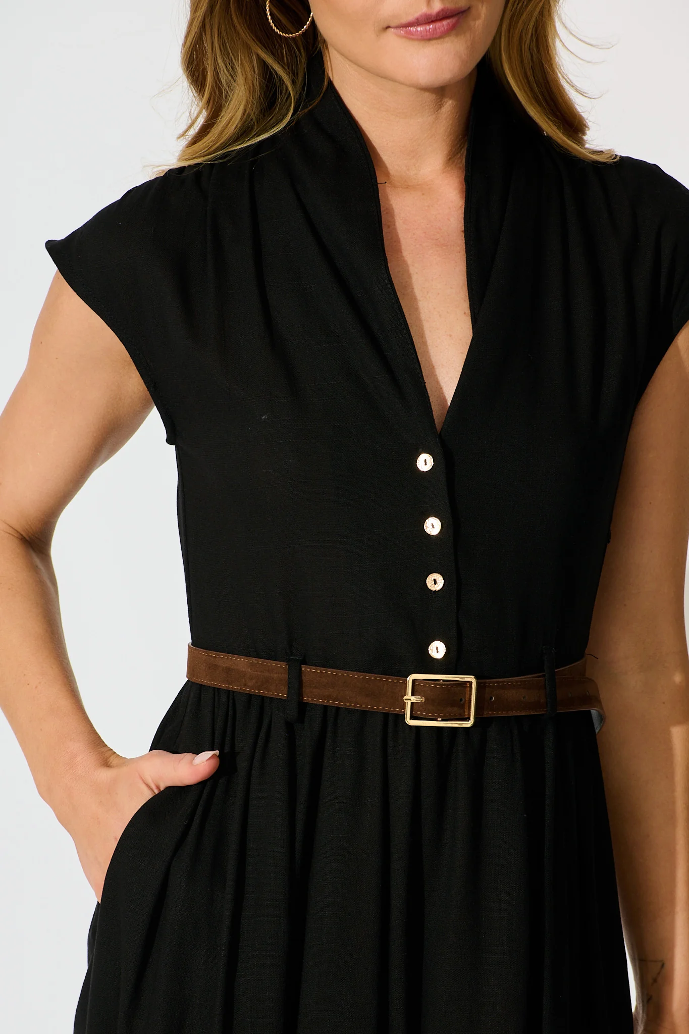 Ordella Midi Dress in Black Linen Blend with Belt - Image 5