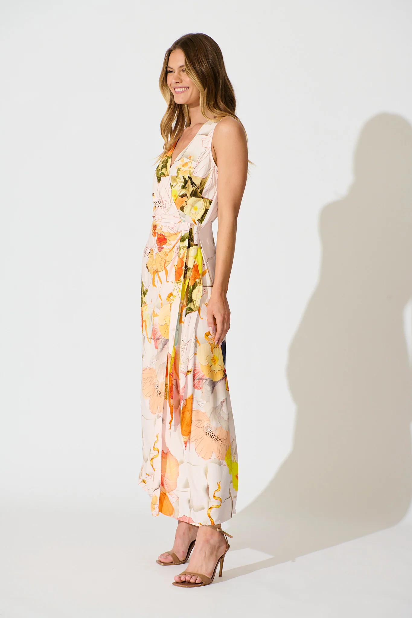 Oriana Maxi Wrap Dress in Orange Multi Floral - Image 3