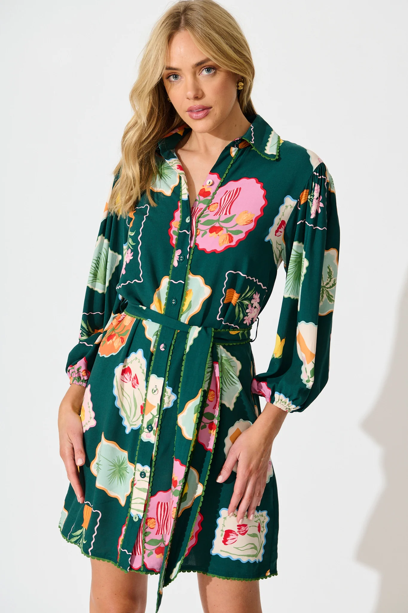 Oriella Shirt Dress in Emerald Postcard Print - Image 2