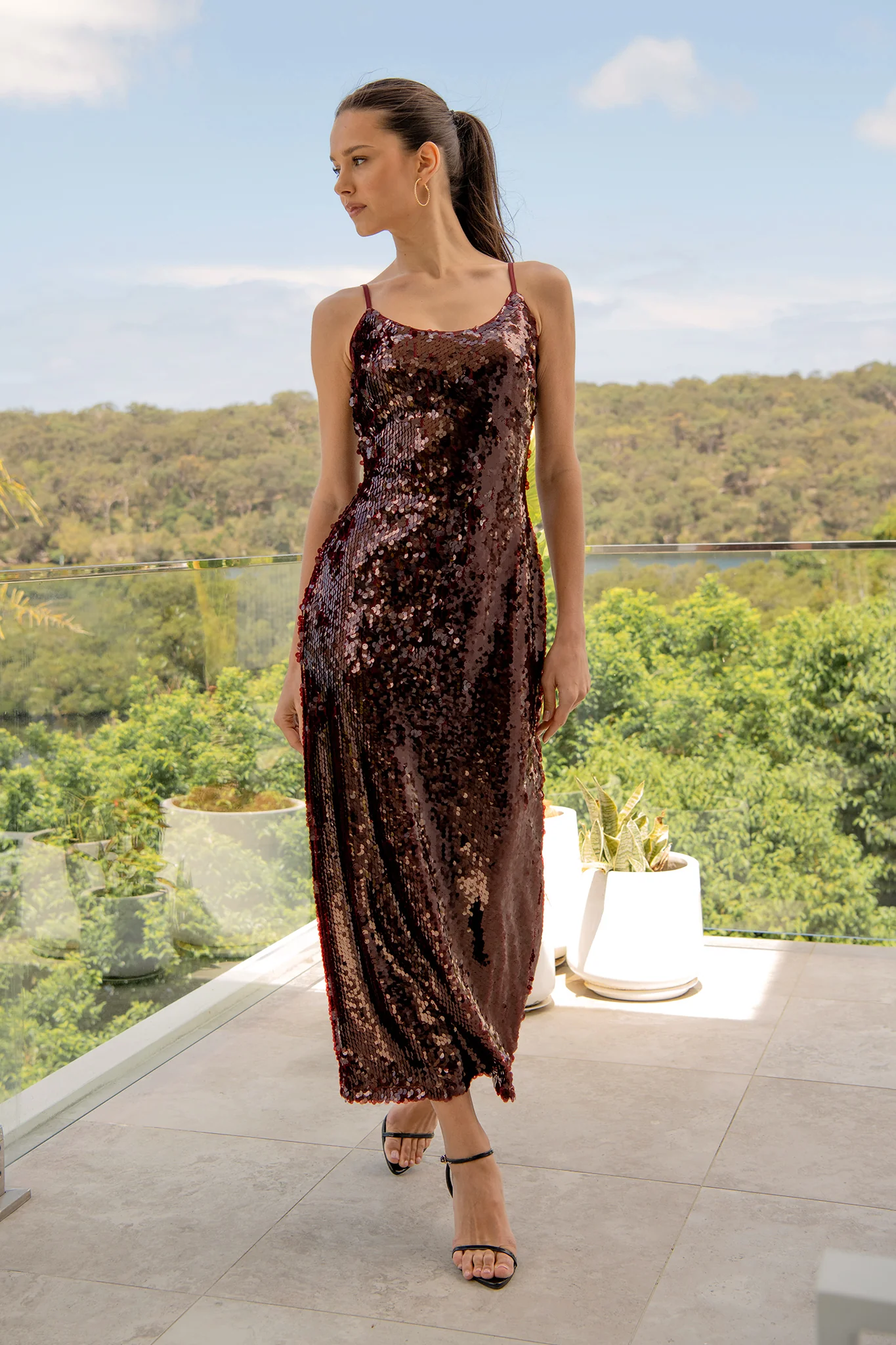 Out Till Dawn Midi Dress in Wine Sequin - Image 3