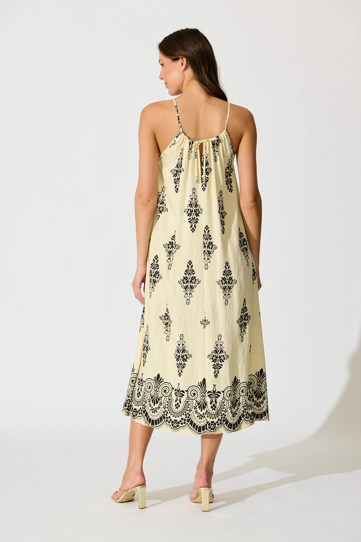 Ovina Maxi Sundress in Cream with Black Border Print Linen Blend - Image 4