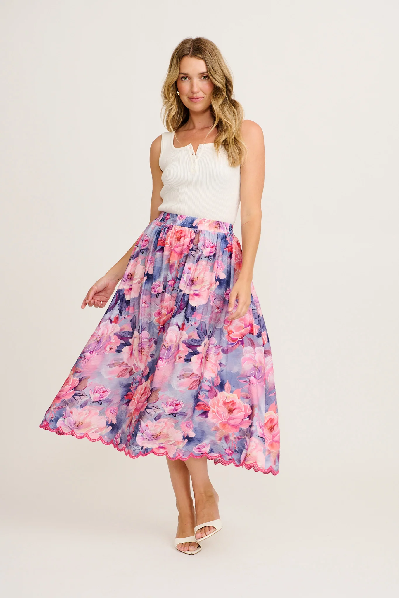 Painted Riveria Maxi Skirt in Blue with Lilac Floral - Image 5
