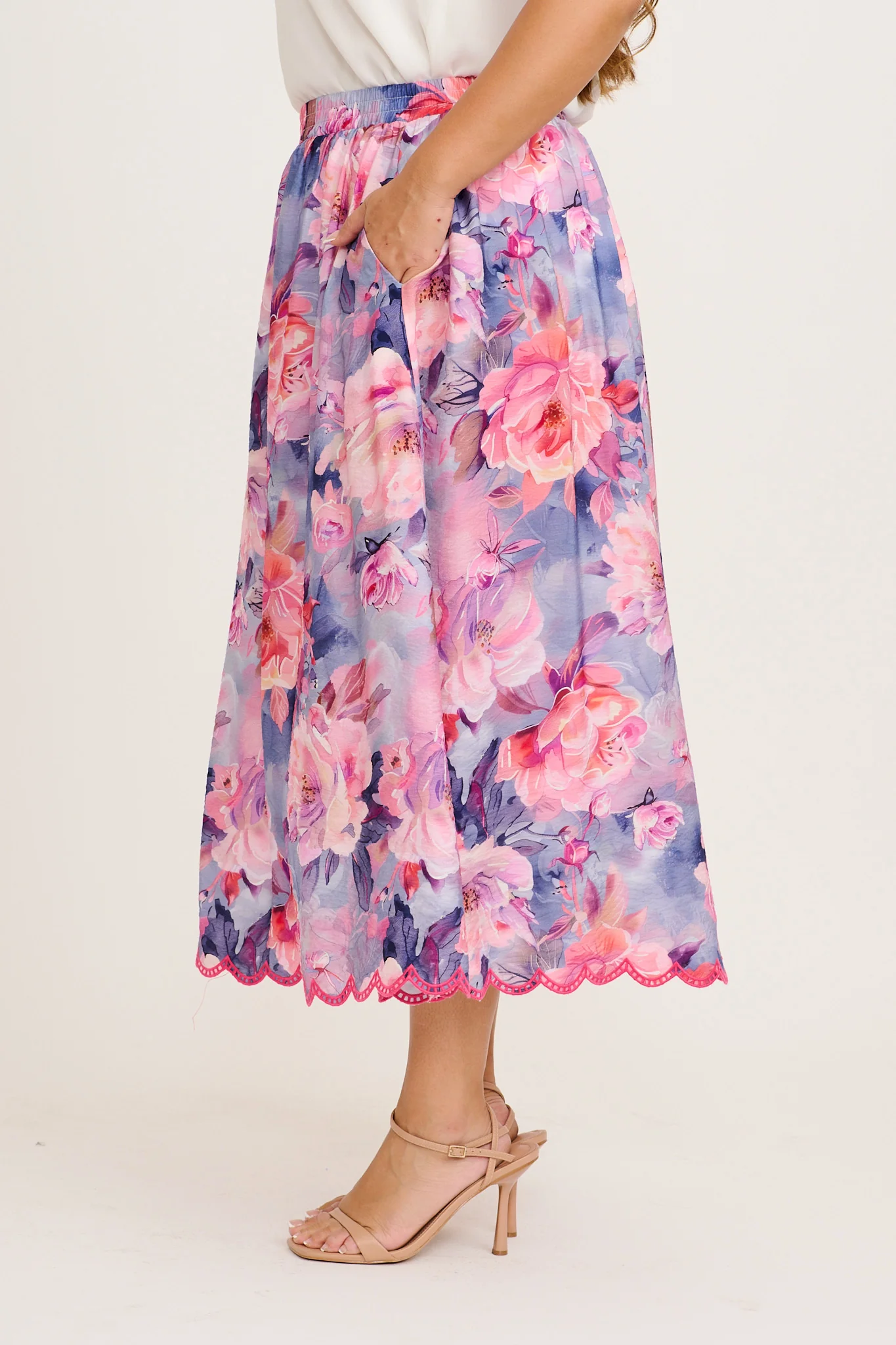 Painted Riveria Maxi Skirt in Blue with Lilac Floral - Image 7