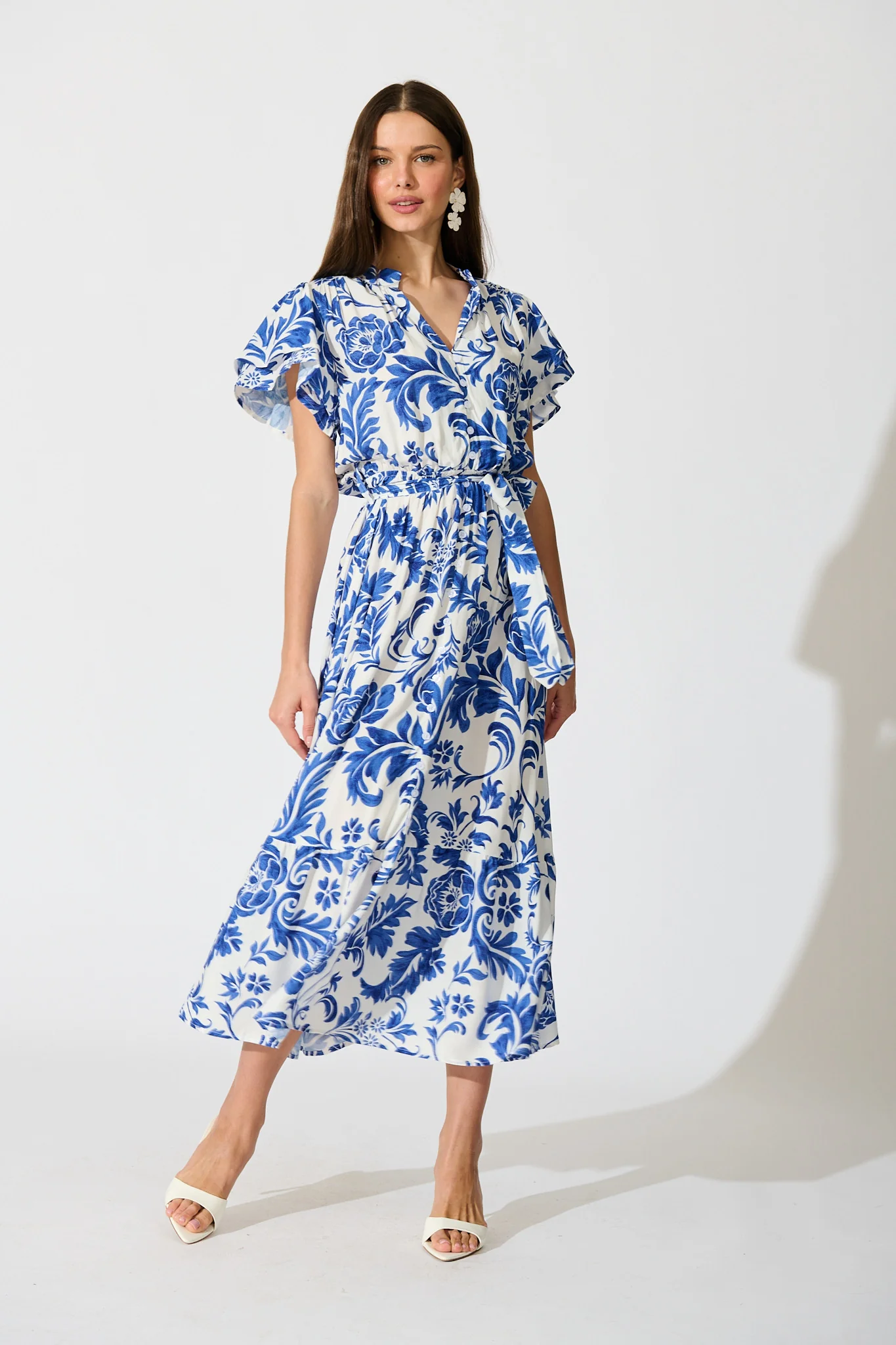 Paisley Fusion Midi Dress in White with Blue Floral