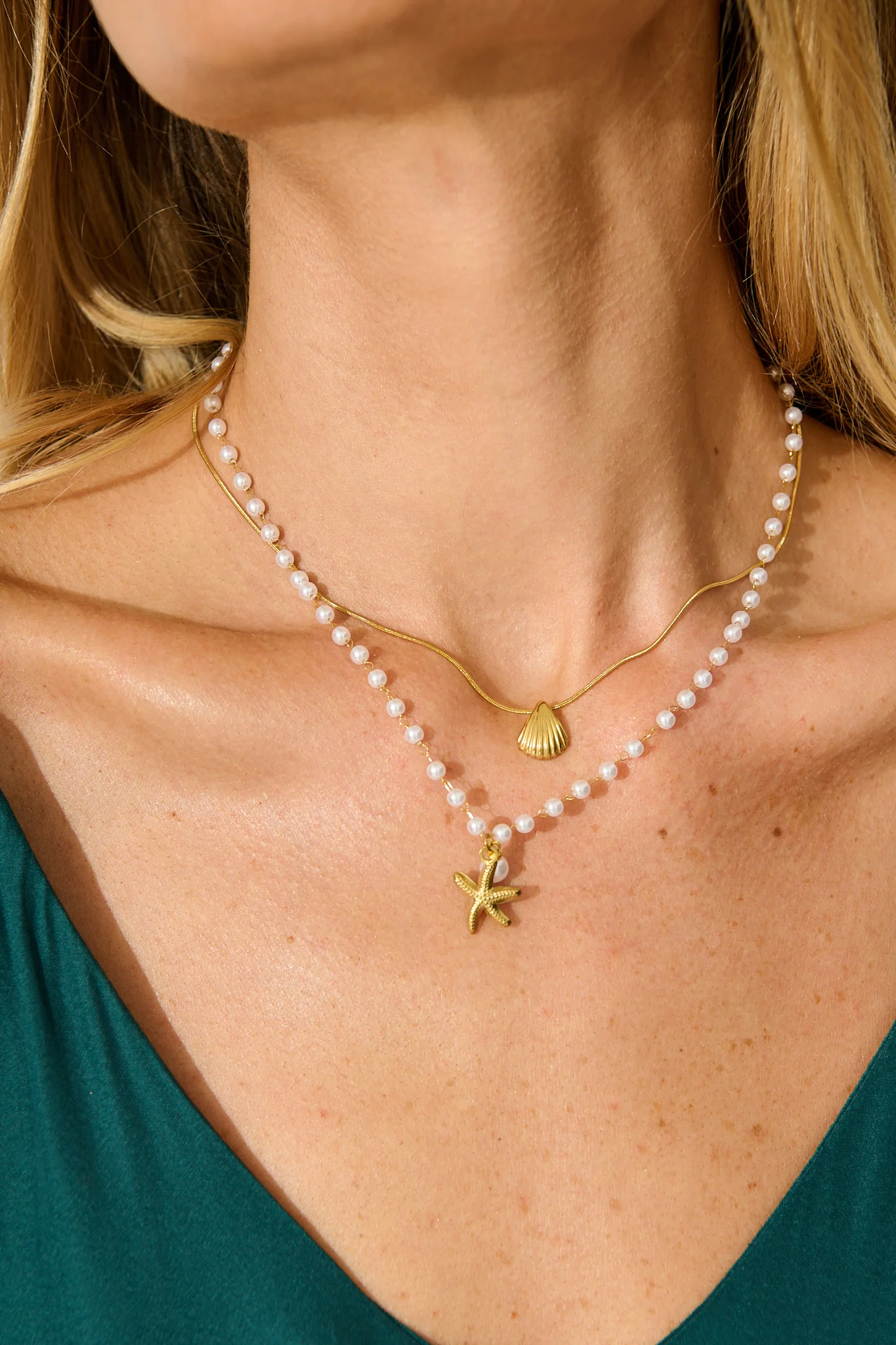 Palm Cove Double Layered Necklace in Gold with Pearl - Image 4