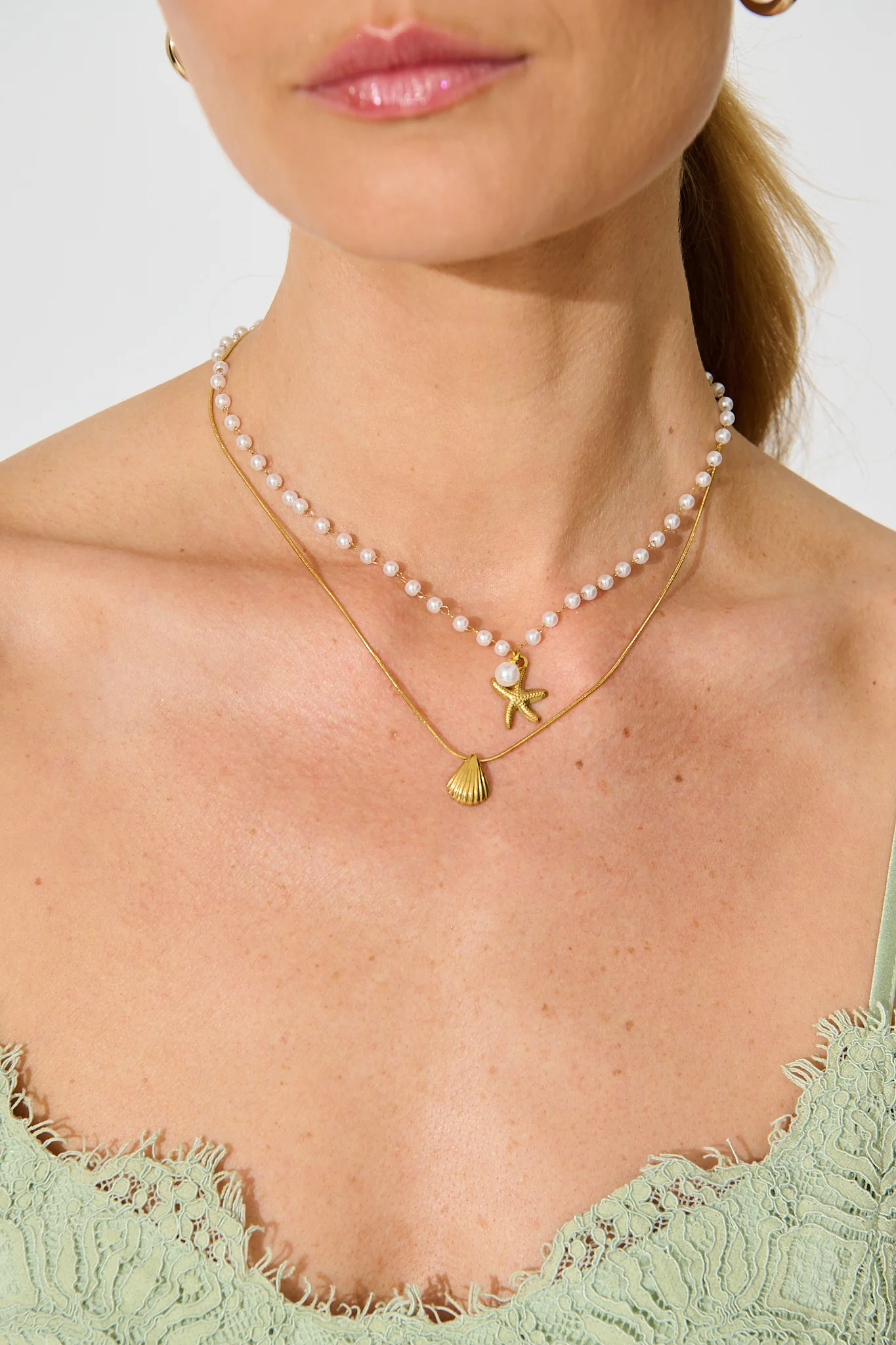 Palm Cove Double Layered Necklace in Gold with Pearl - Image 5