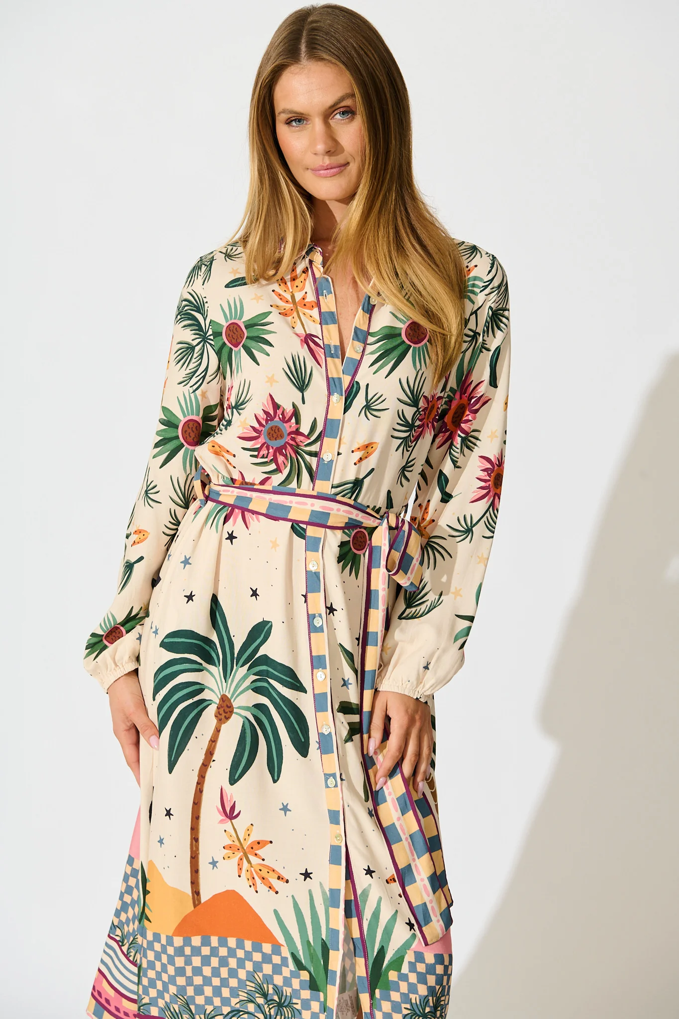 Palm Parade Midi Shirt Dress in Cream Multi Print - Image 2