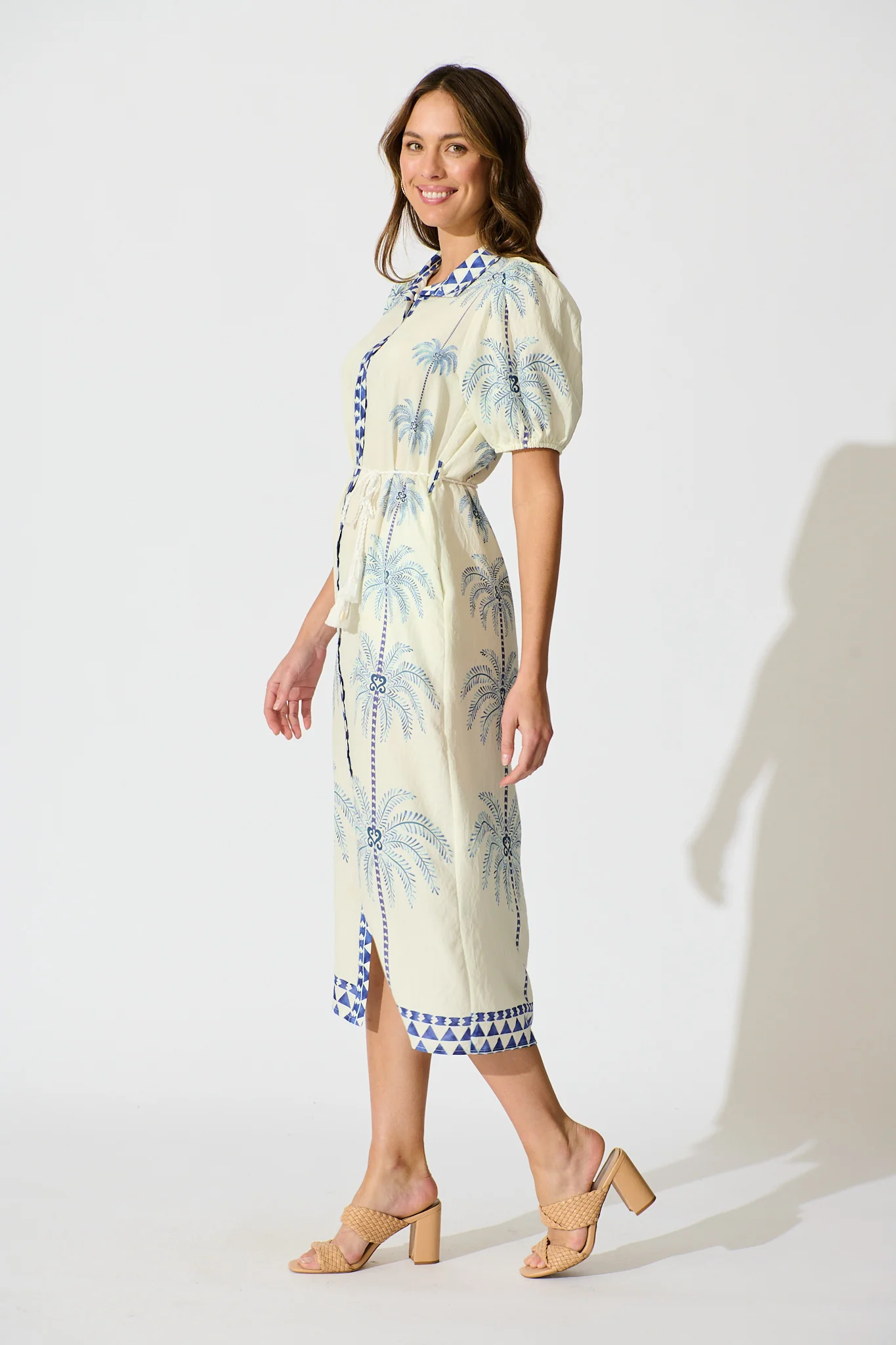 Palmira Midi Shirt Dress in Cream with Navy Palm Tree - Image 3