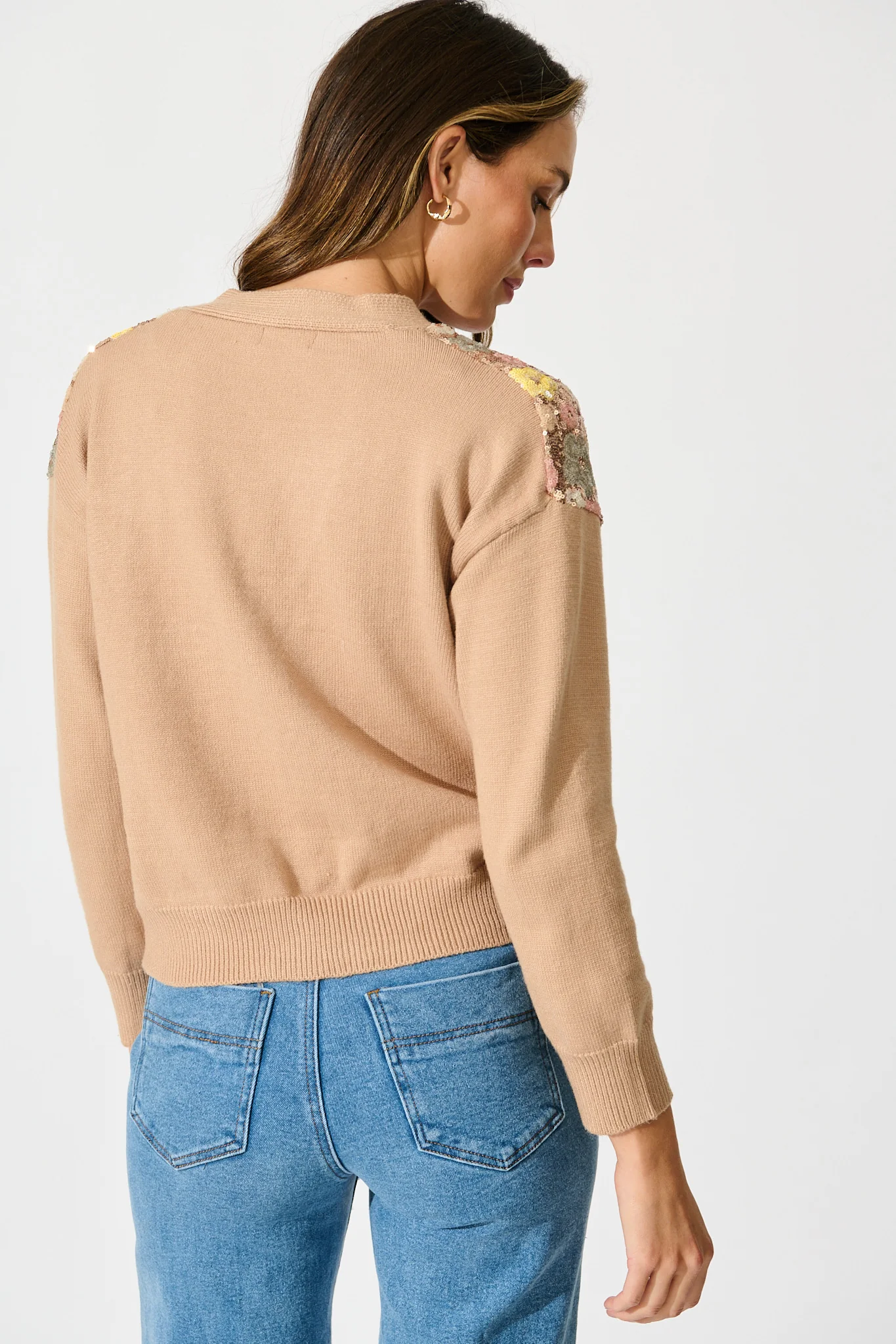 Pandia Knit Cardigan In Brown With Flower Sequin Wool Blend - Image 6