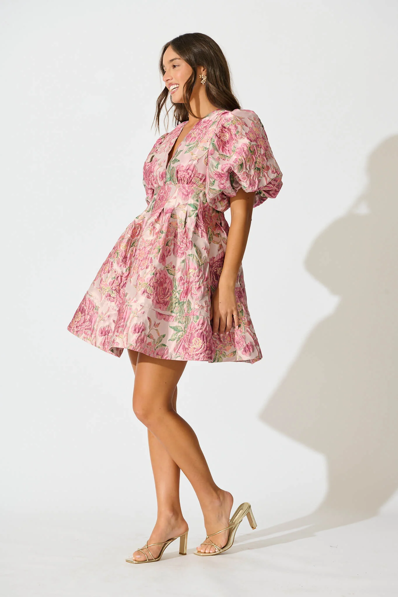 Paris Dreamer Dress in Dusty Pink with Green Jacquard - Image 7