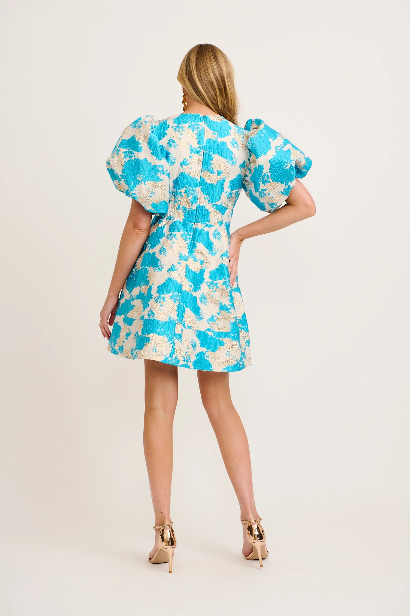 Paris Dreamer Dress In Pale Gold With Aqua Jacquard - Image 4
