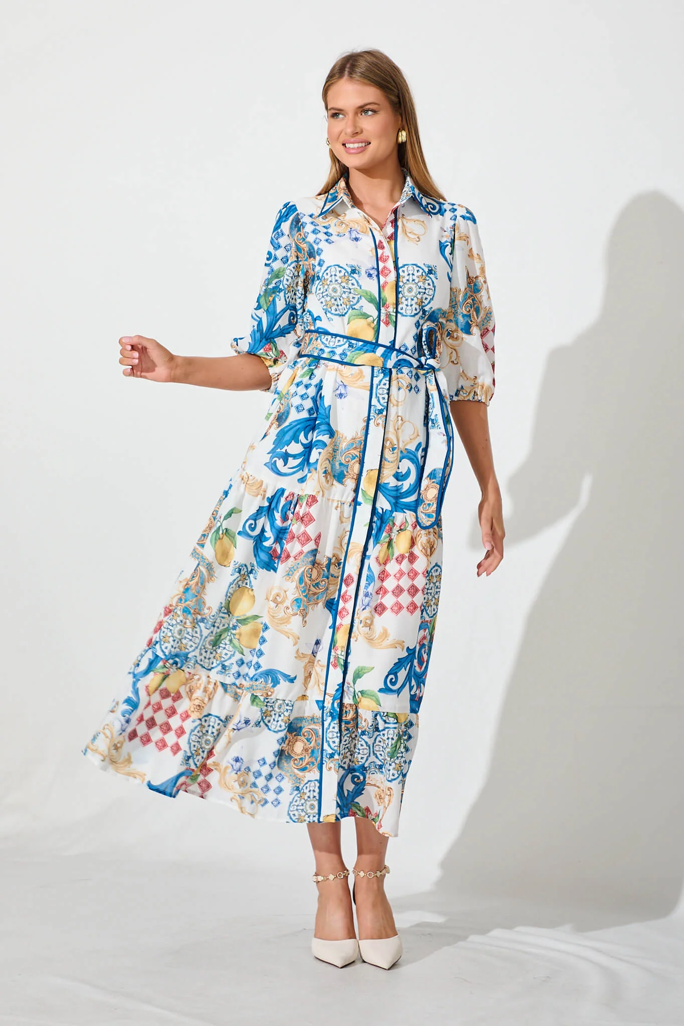 Pasadena Maxi Shirt Dress In White Multi Linen Blend