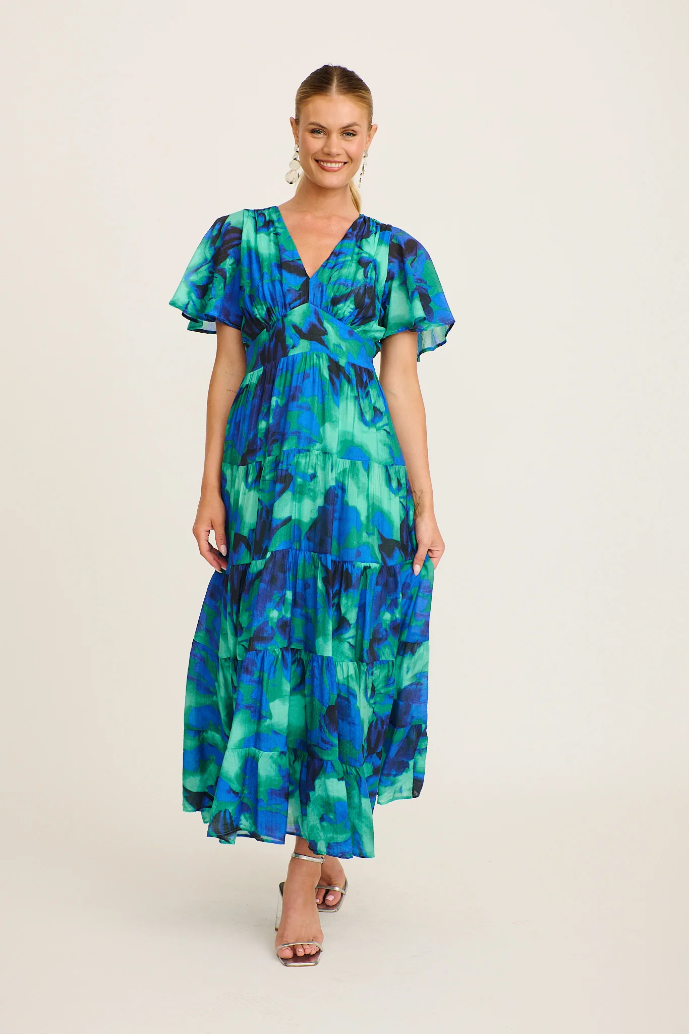 Pastel Symphony Maxi Dress in Blue and Green Watercolour Print