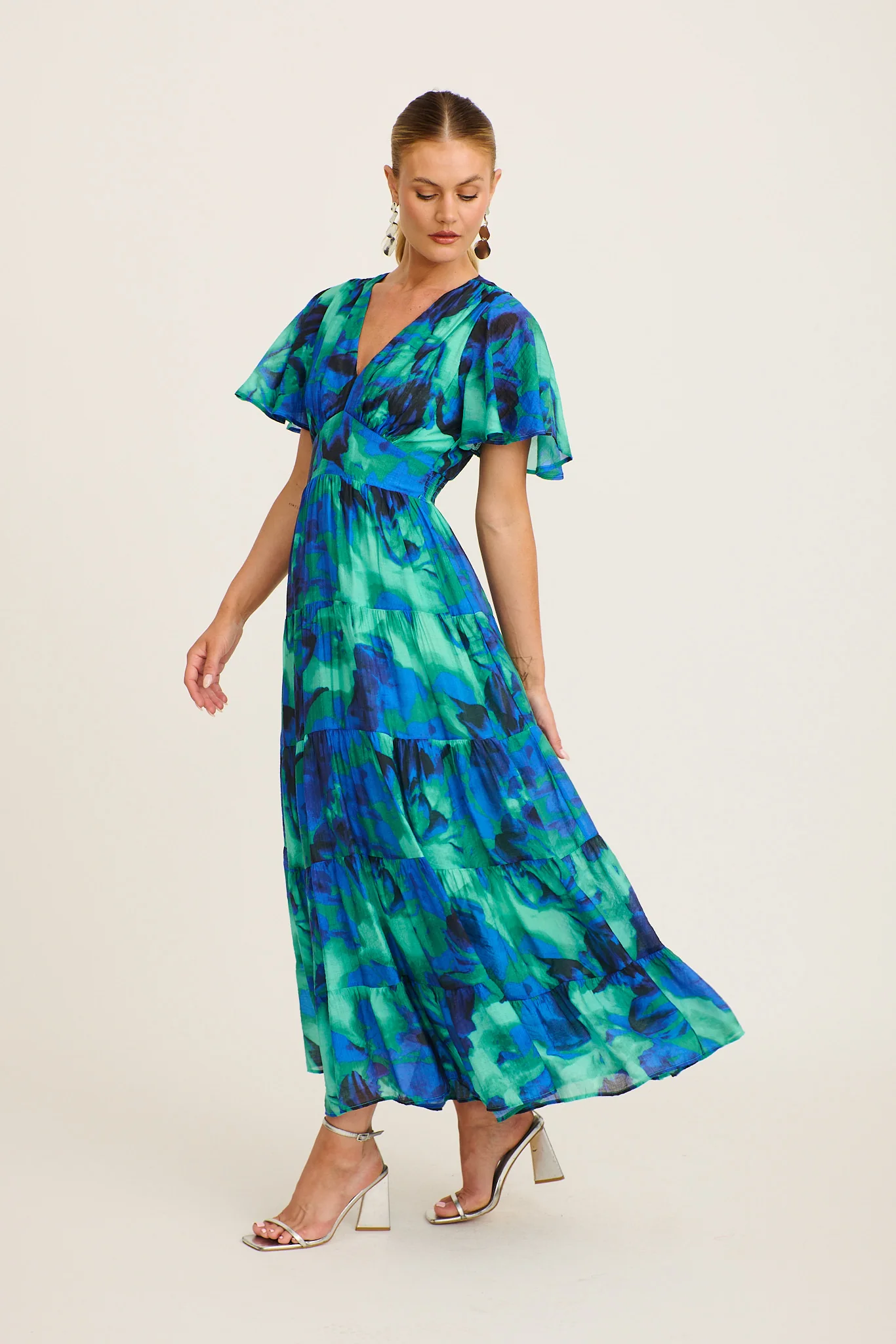 Pastel Symphony Maxi Dress in Blue and Green Watercolour Print - Image 3
